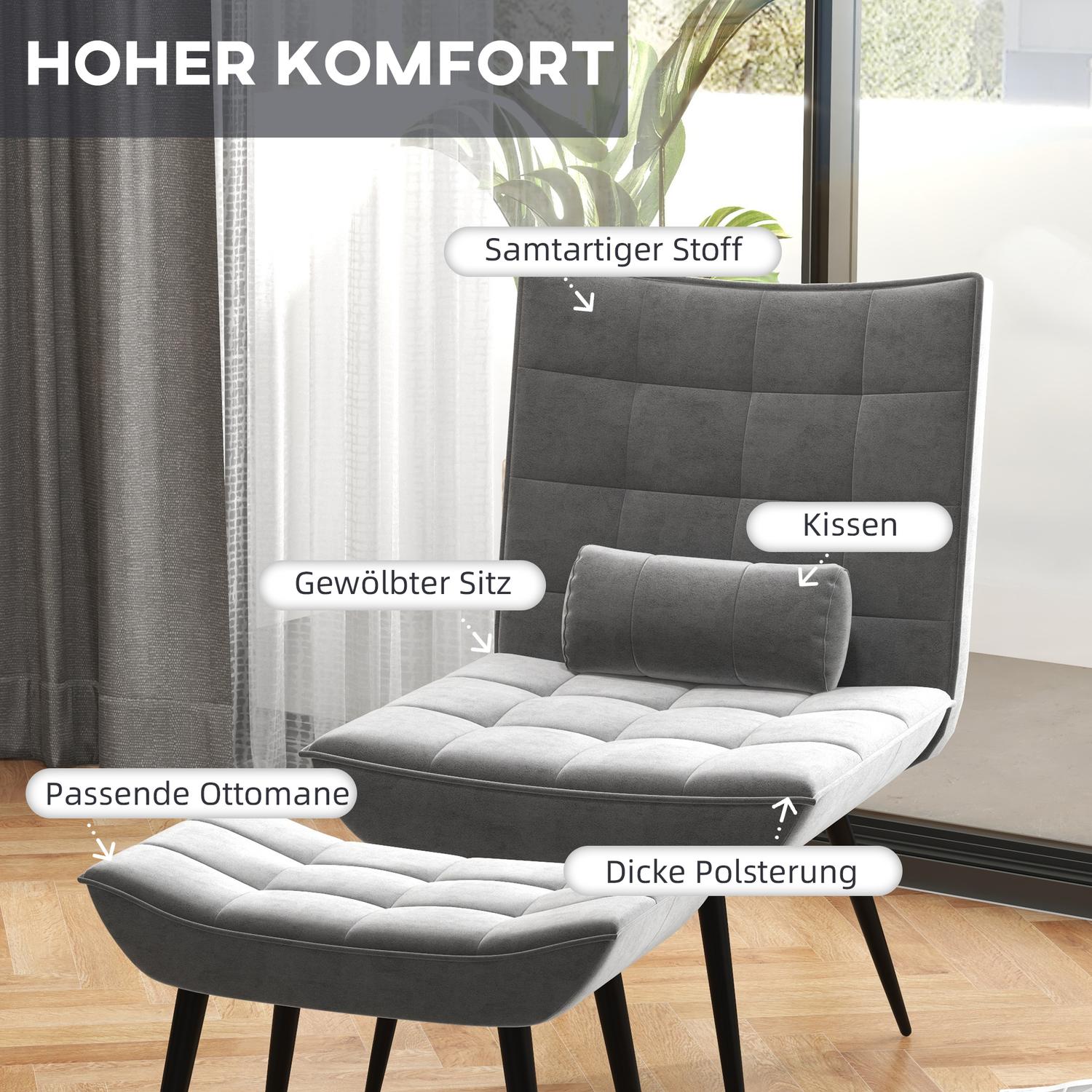 Grijze Relax Fauteuil & Ottoman Set, Velours Bekleding, comfortabele kussens