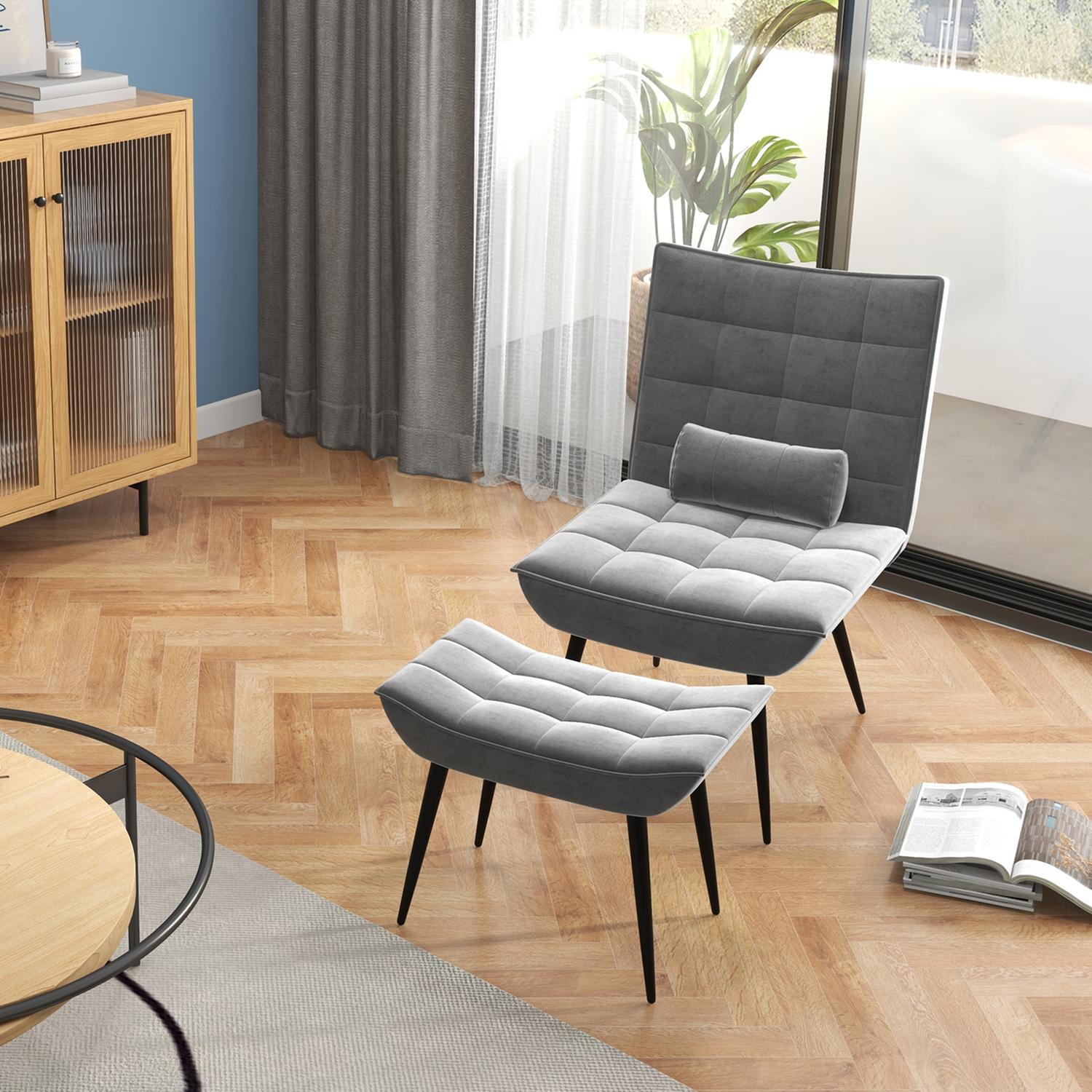 Grijze Relax Fauteuil & Ottoman Set, Velours Bekleding, comfortabele kussens