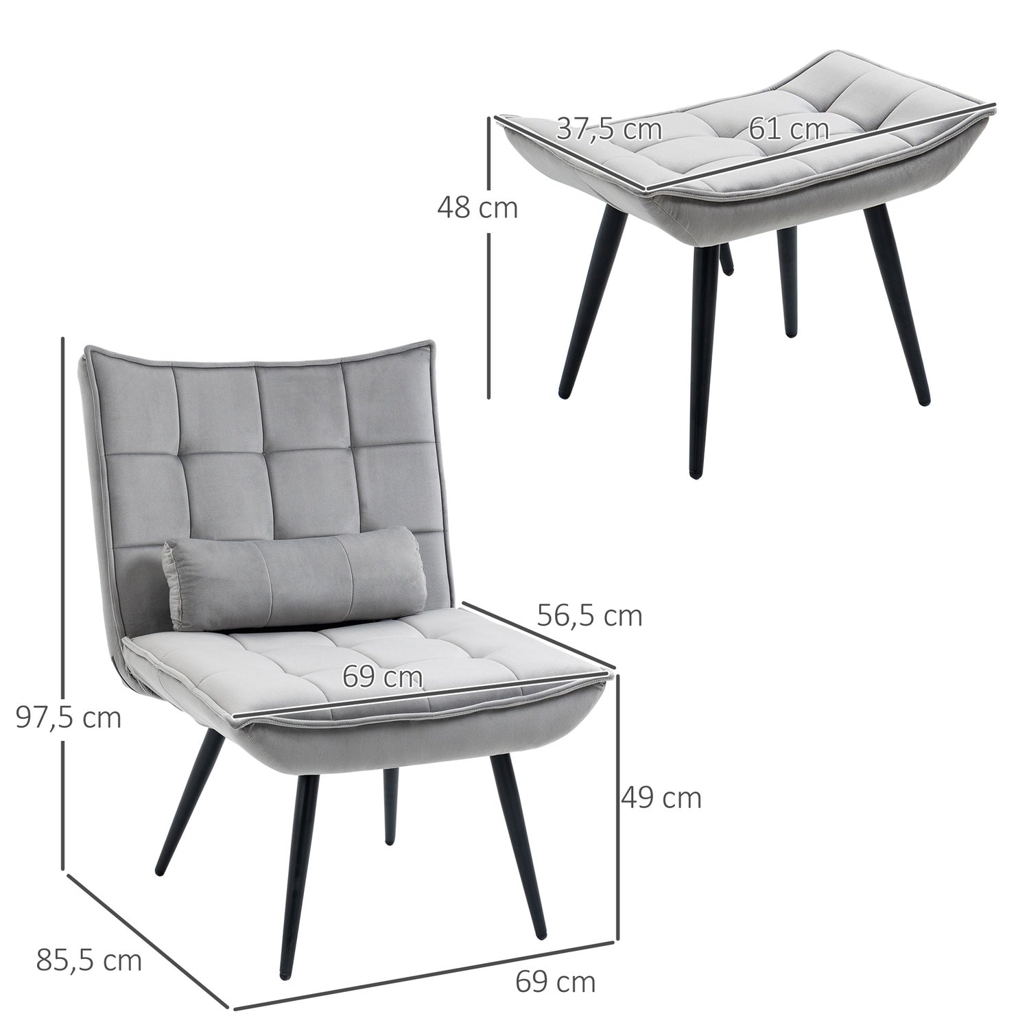Grijze Relax Fauteuil & Ottoman Set, Velours Bekleding, comfortabele kussens