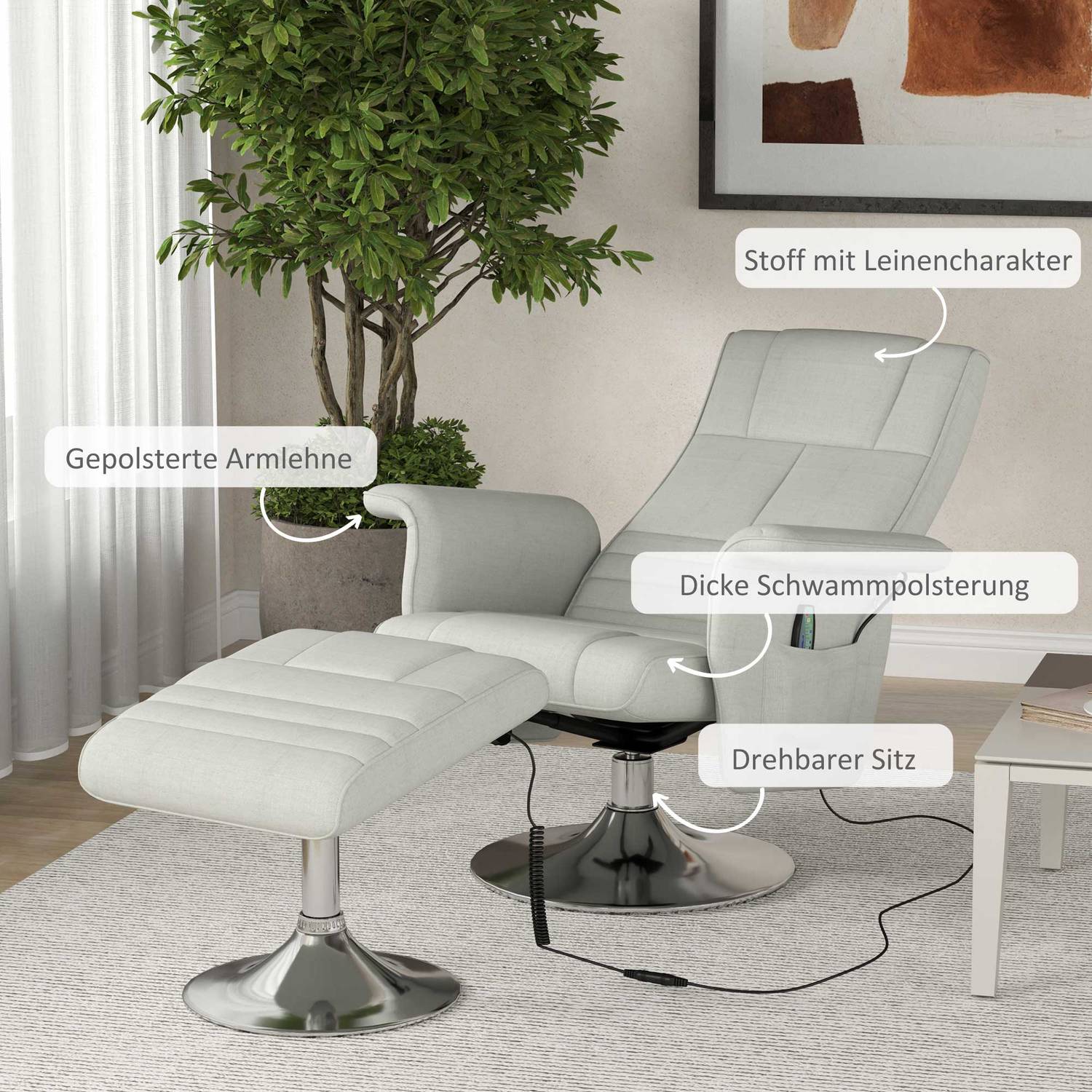 Crèmewitte liggende massagestoel met voetenbank, 8-puntsvibratie