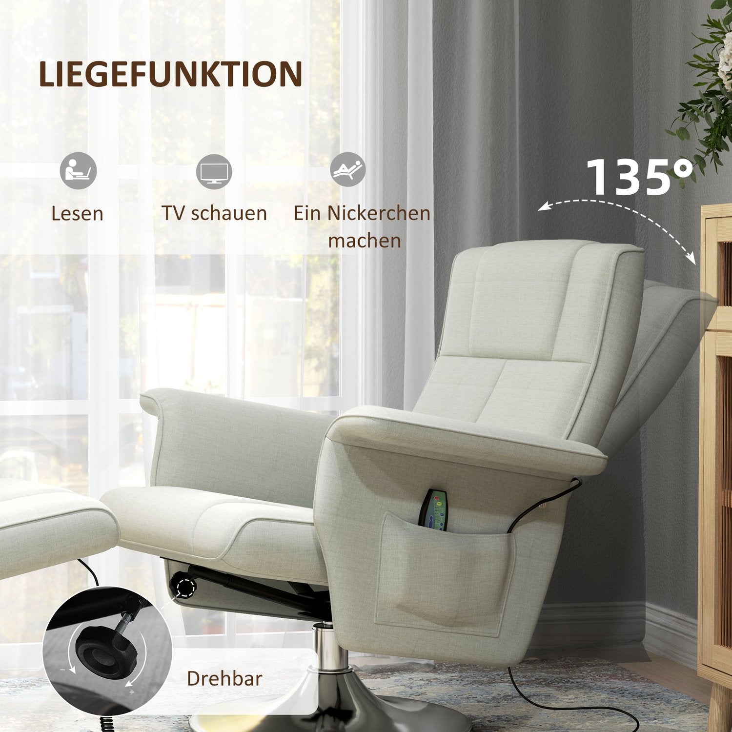 Crèmewitte liggende massagestoel met voetenbank, 8-puntsvibratie