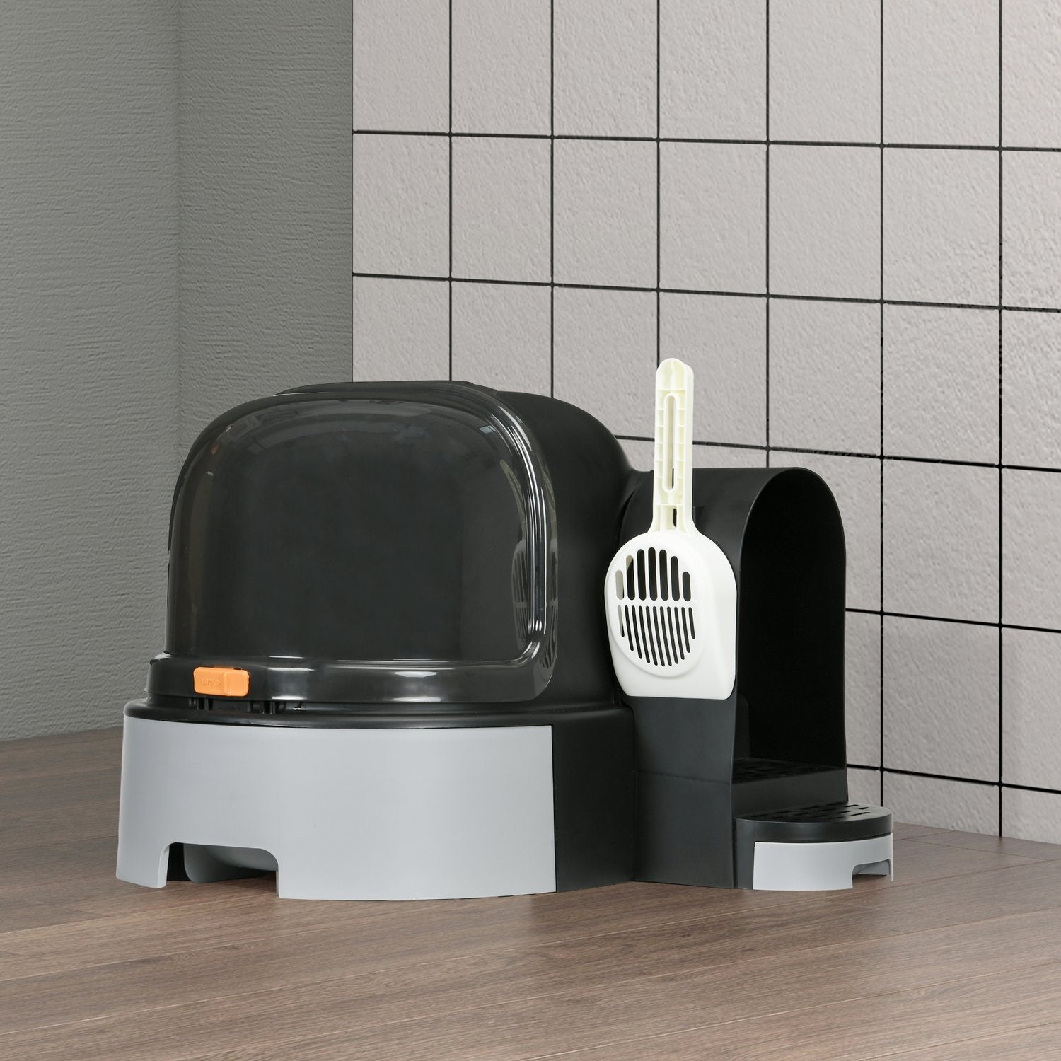 Grey Cat House: Toalett med huva och dubbla brickor, passar upp till 4 kg