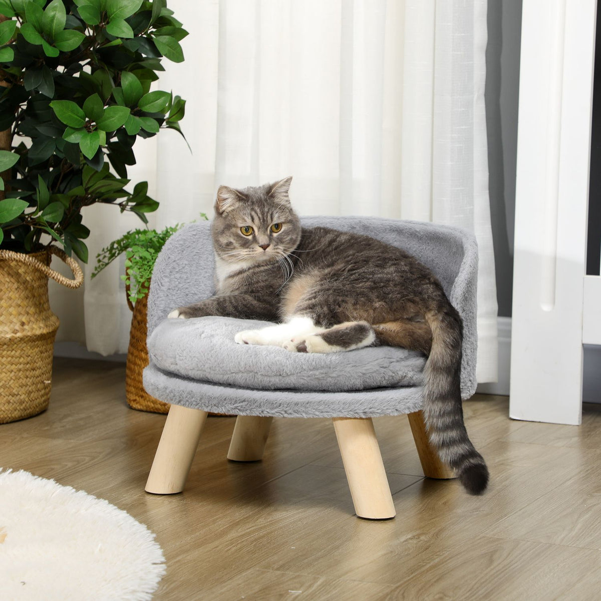 Grijze honden- en kattenmand met antislip houten poten, 40,5 cm