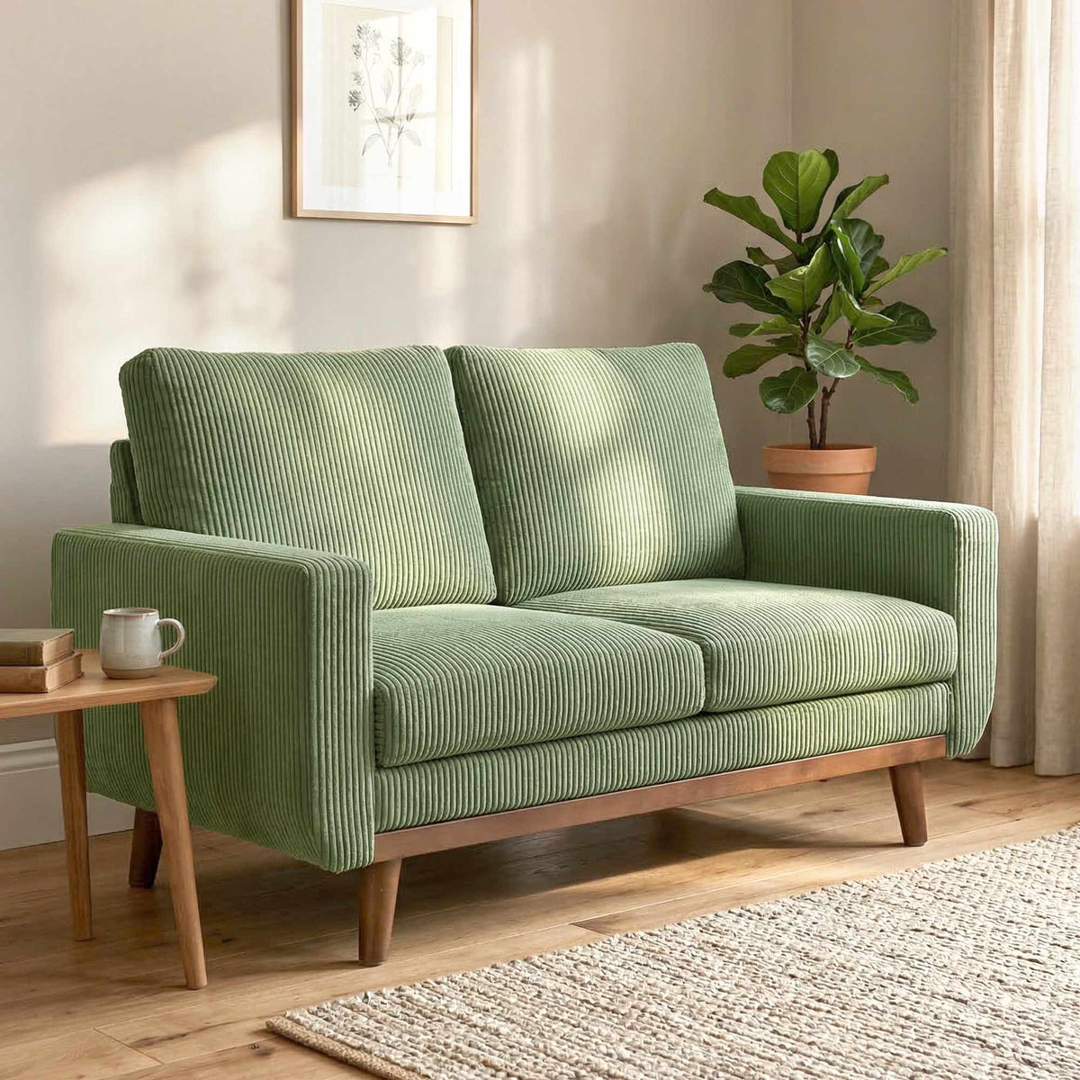 Groene stoffen bank met 2 zitplaatsen, 134 cm, met pocketvering