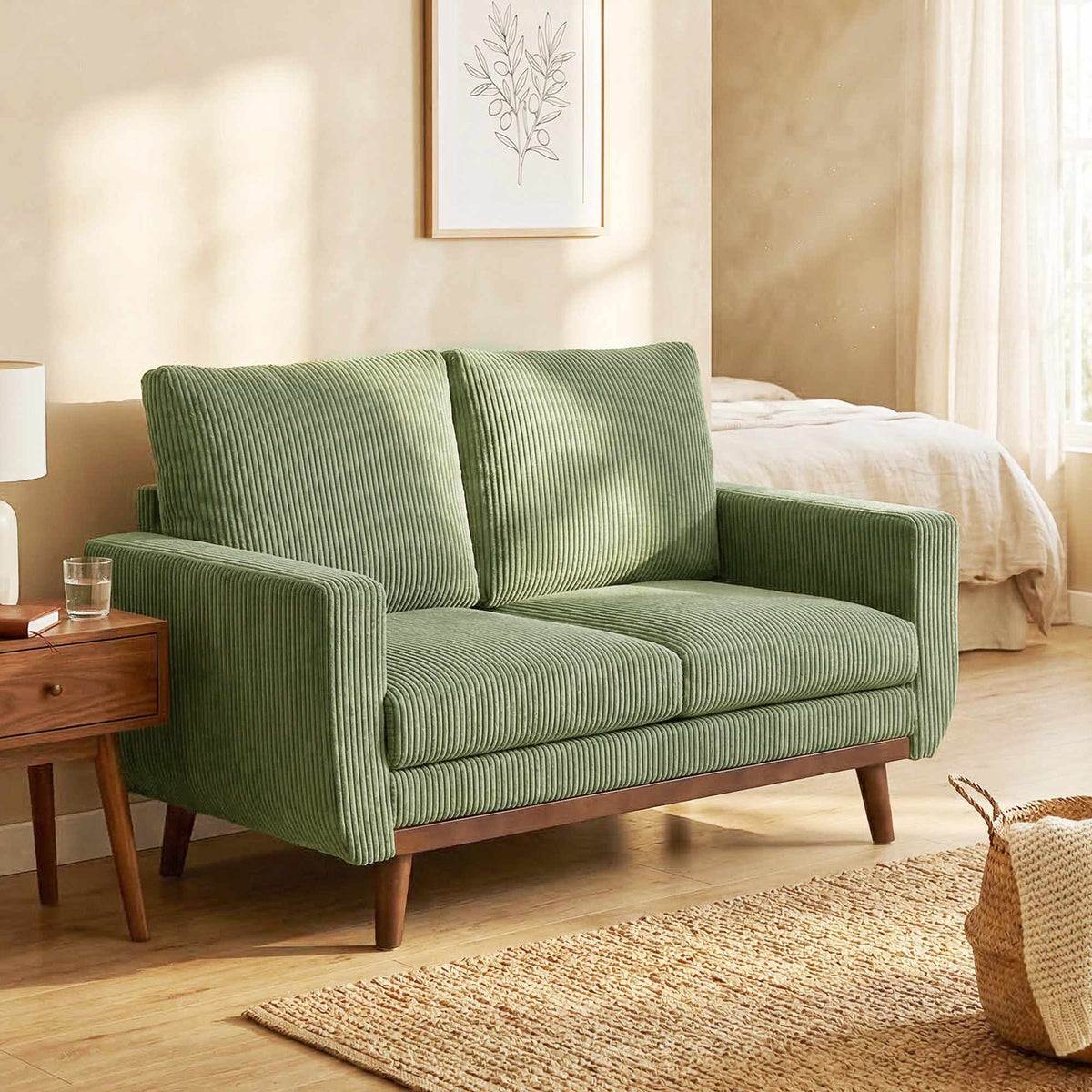 Groene stoffen bank met 2 zitplaatsen, 134 cm, met pocketvering