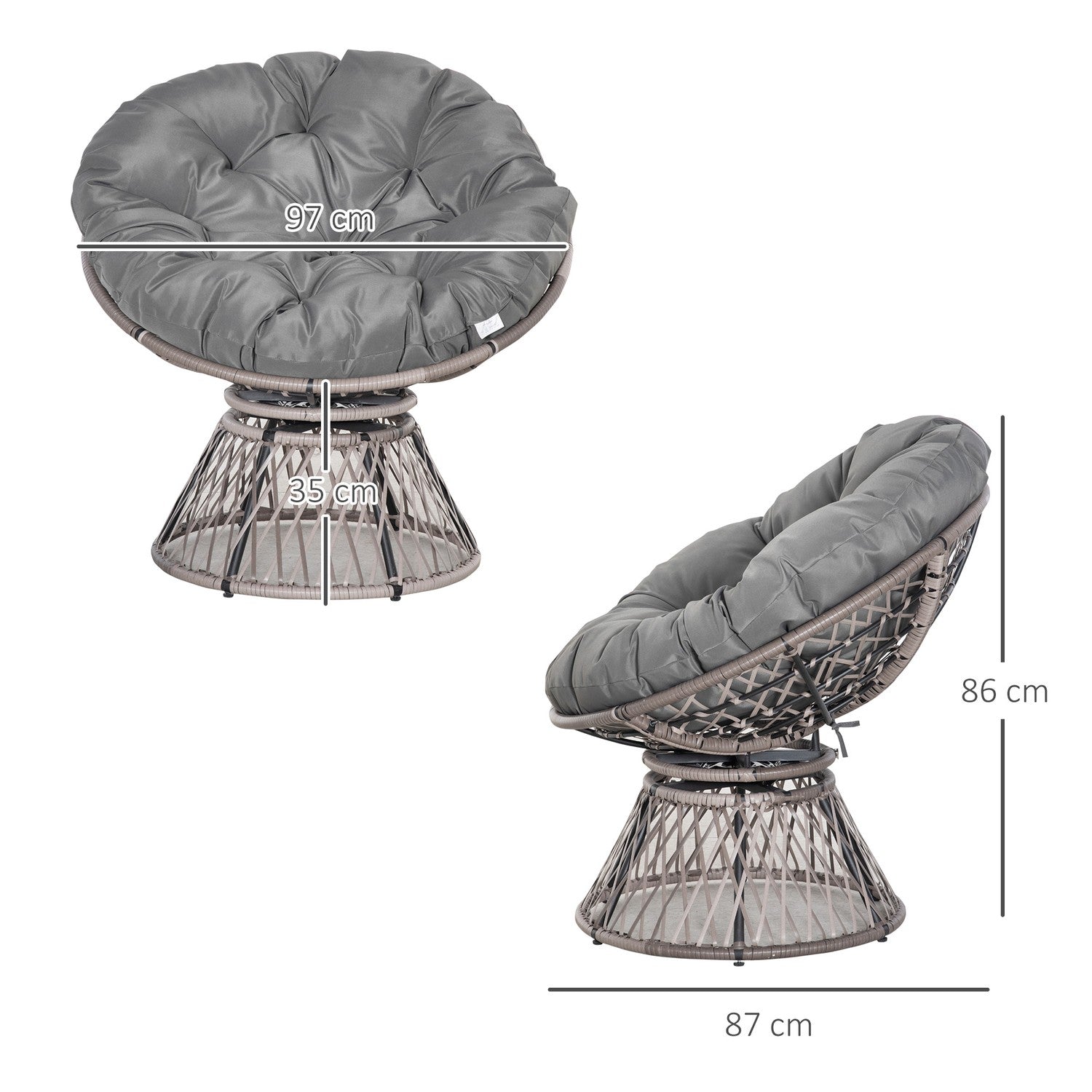 Grå rotting Papasan stol med klädsel, 360° vridbar