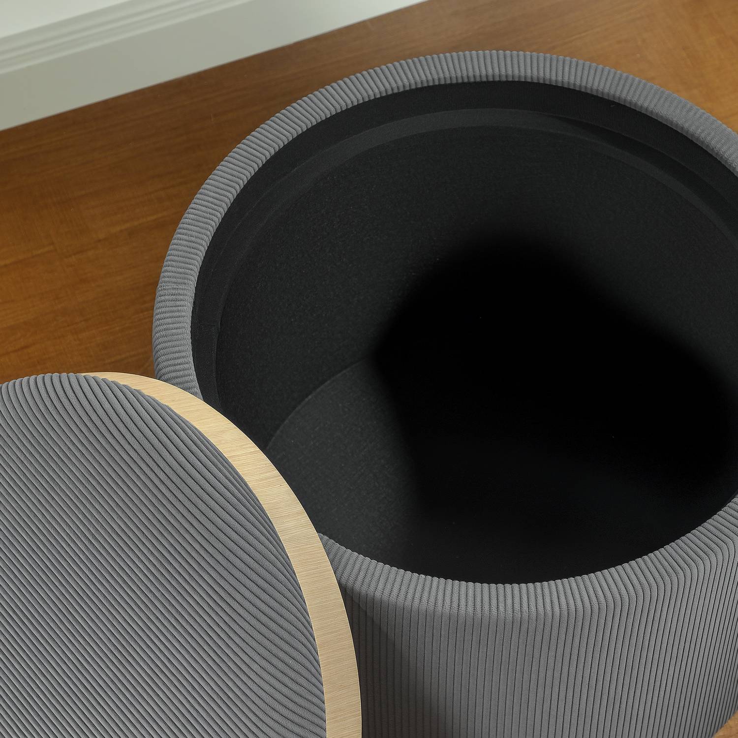 Grijze ronde opbergpoef met gestoffeerd deksel, 56 cm