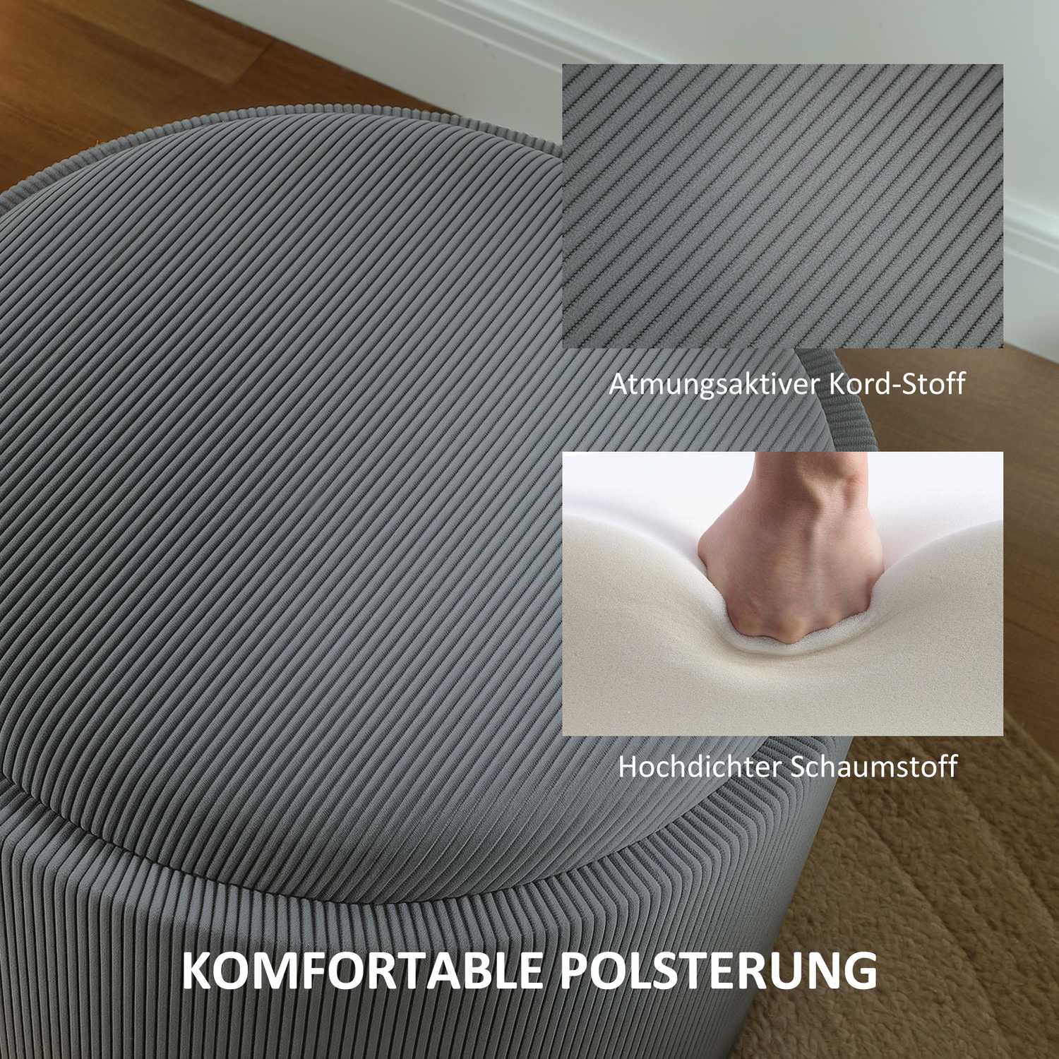 Grijze ronde opbergpoef met gestoffeerd deksel, 56 cm
