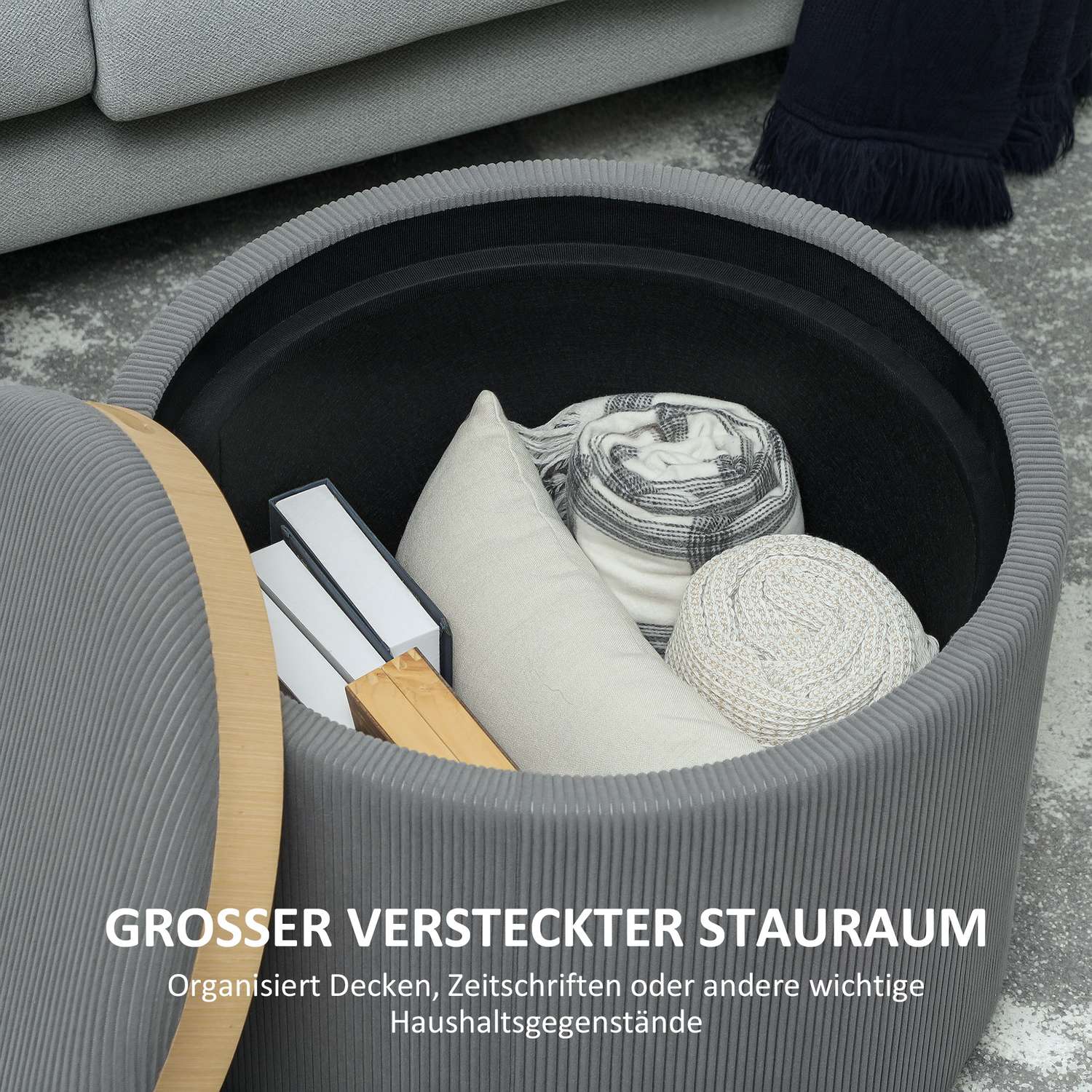 Grijze ronde opbergpoef met gestoffeerd deksel, 56 cm