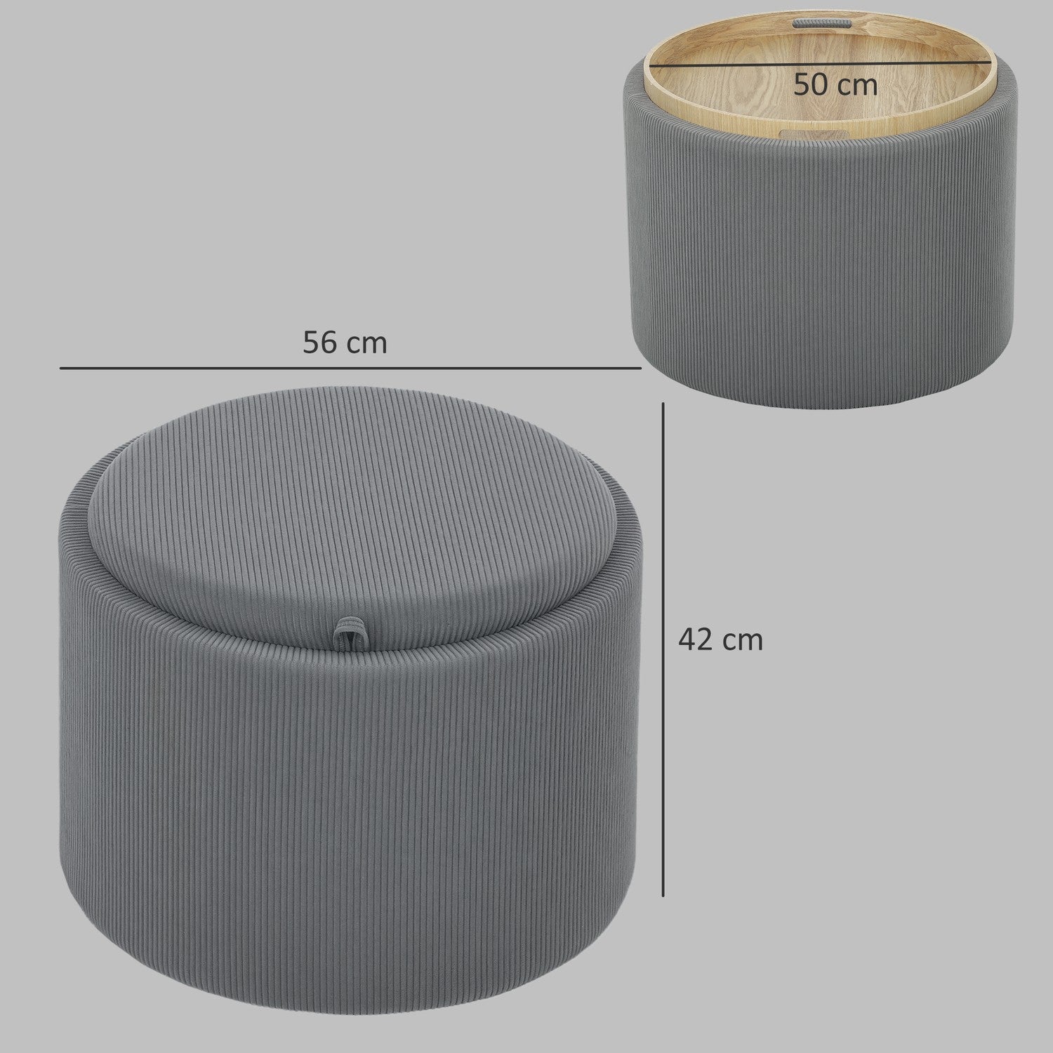 Grijze ronde opbergpoef met gestoffeerd deksel, 56 cm
