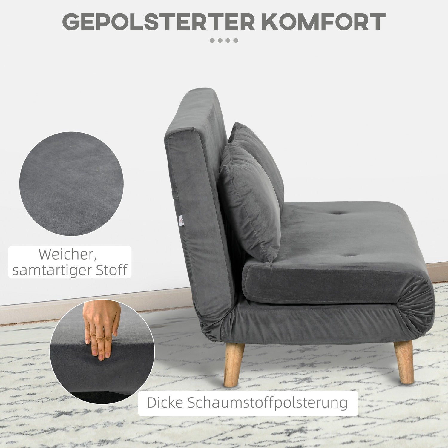 Grå sammet 2-sits bäddsoffa med justerbart ryggstöd