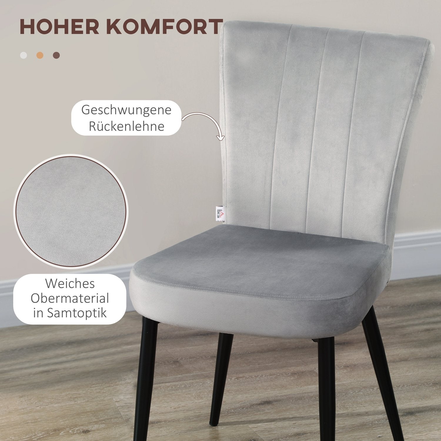 Grijze fluwelen eetkamerstoelen, set van 4 – Stalen frame, 46x65x87 cm