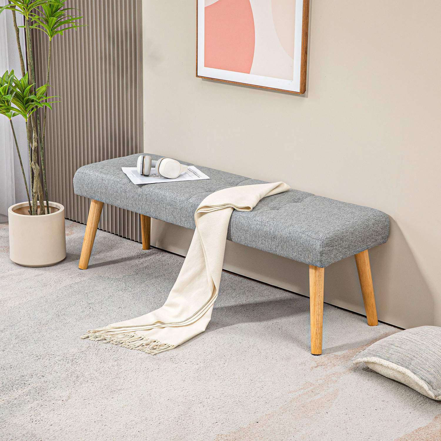 Grijze gestoffeerde bank met knopen, 120x41x43 cm
