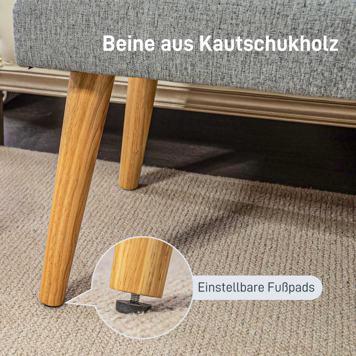 Grijze gestoffeerde bank met knopen, 120x41x43 cm