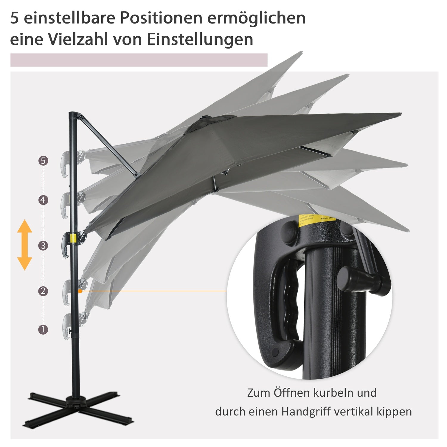 Grijze Zweefparasol, 245x245cm – Verstelbaar & Draaibaar