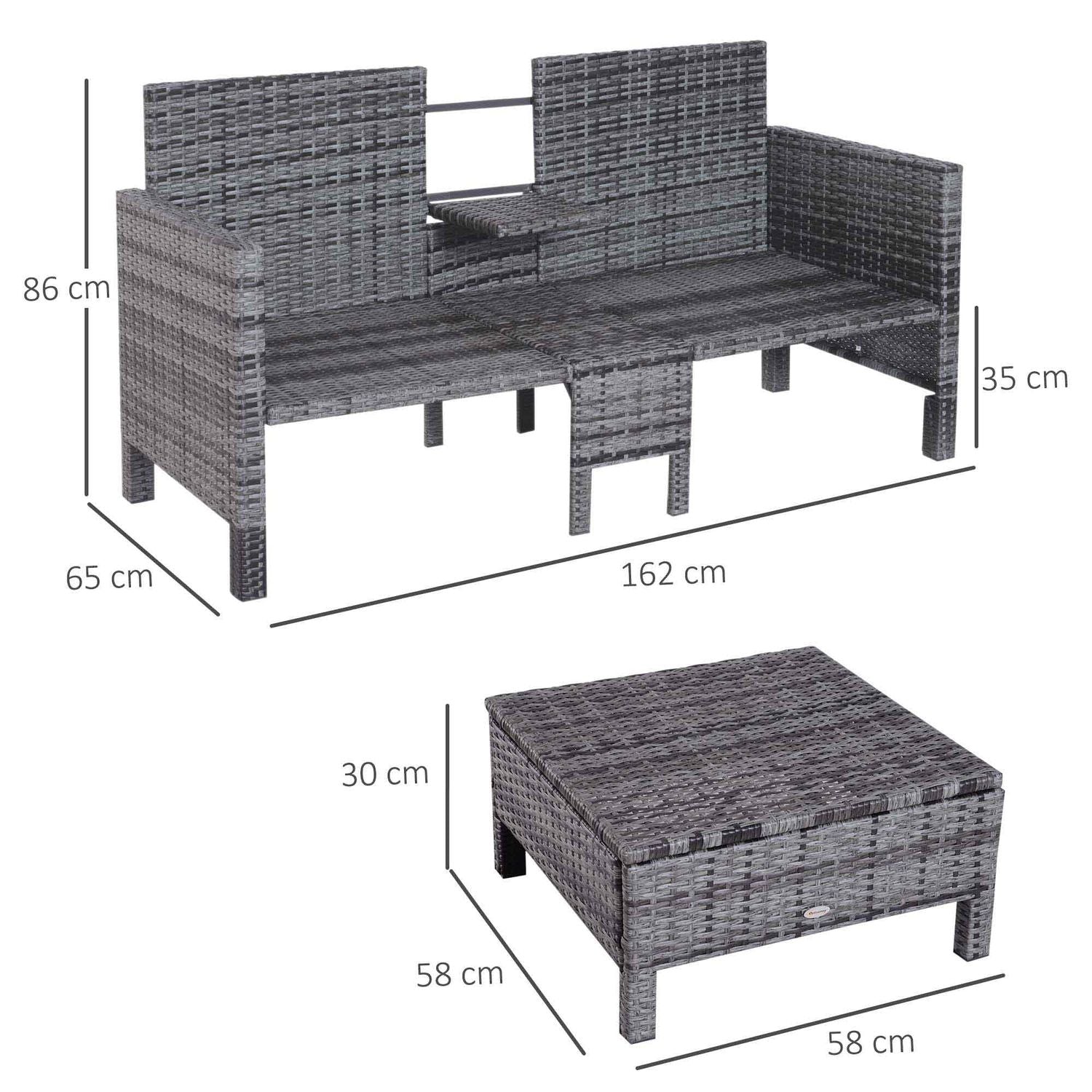 Grijze polyrattan tuinbankstel met kussens - 3-delig