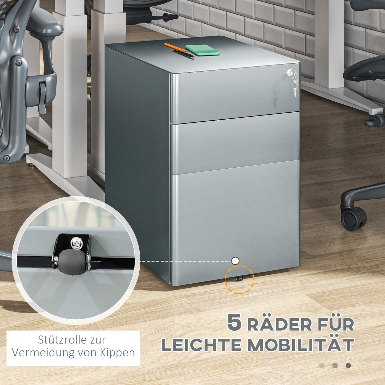 Grijze verrijdbare archiefkast met afsluitbare laden