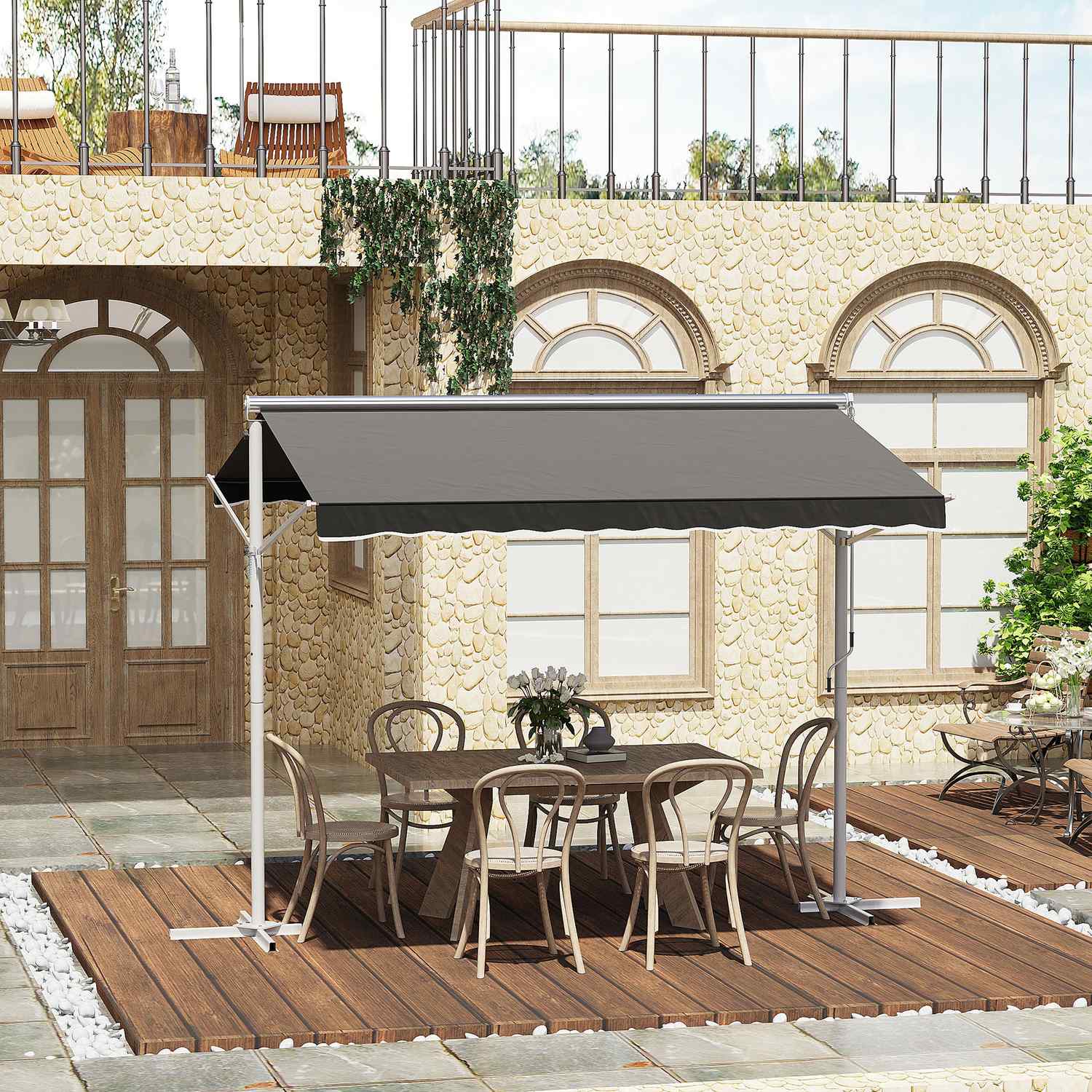 Grijze terrasluifel met knikarm, 3x3M – Tuinscherm