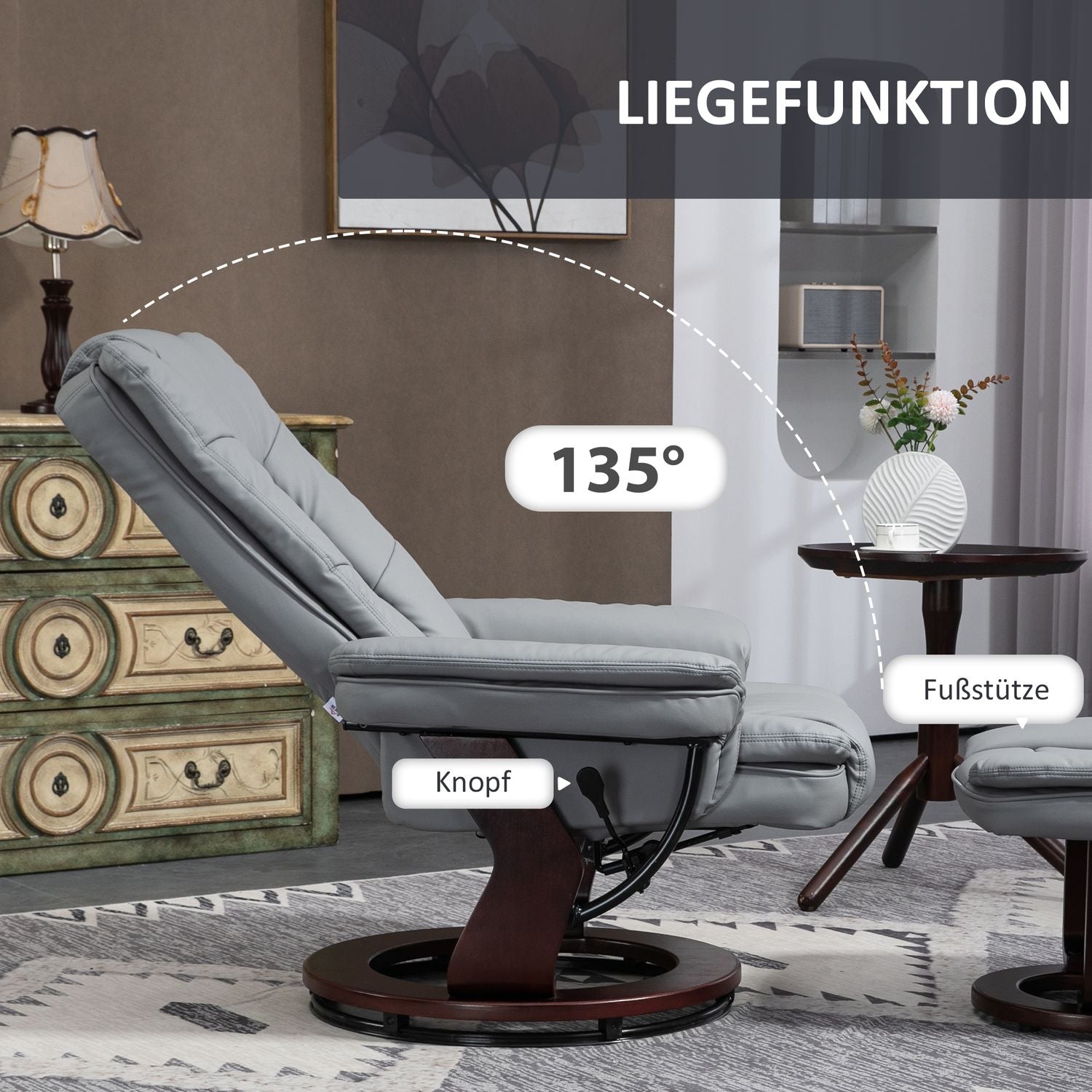 Poltrona relax grigia con sgabello, girevole 360°, similpelle