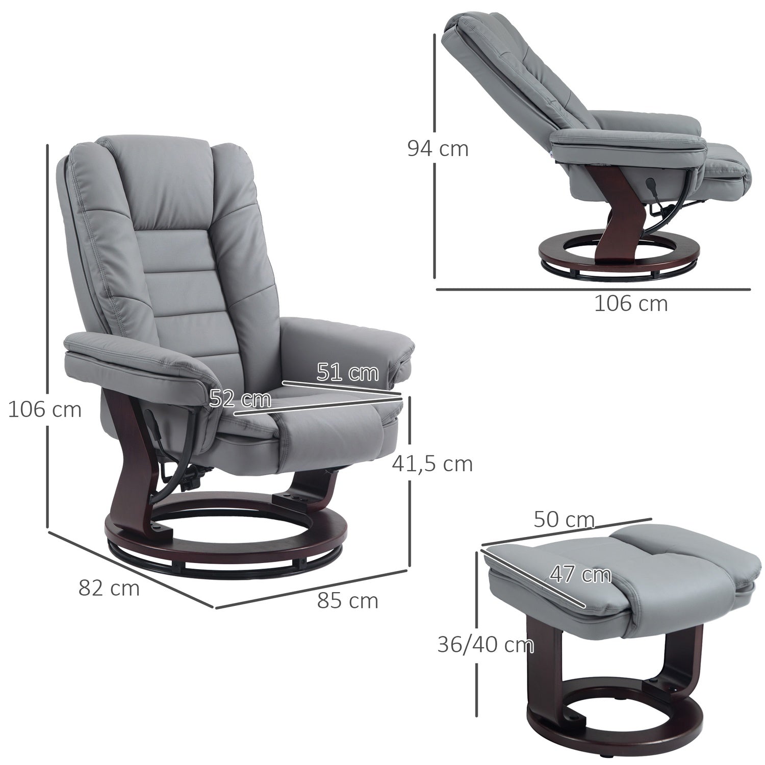 Poltrona relax grigia con sgabello, girevole 360°, similpelle