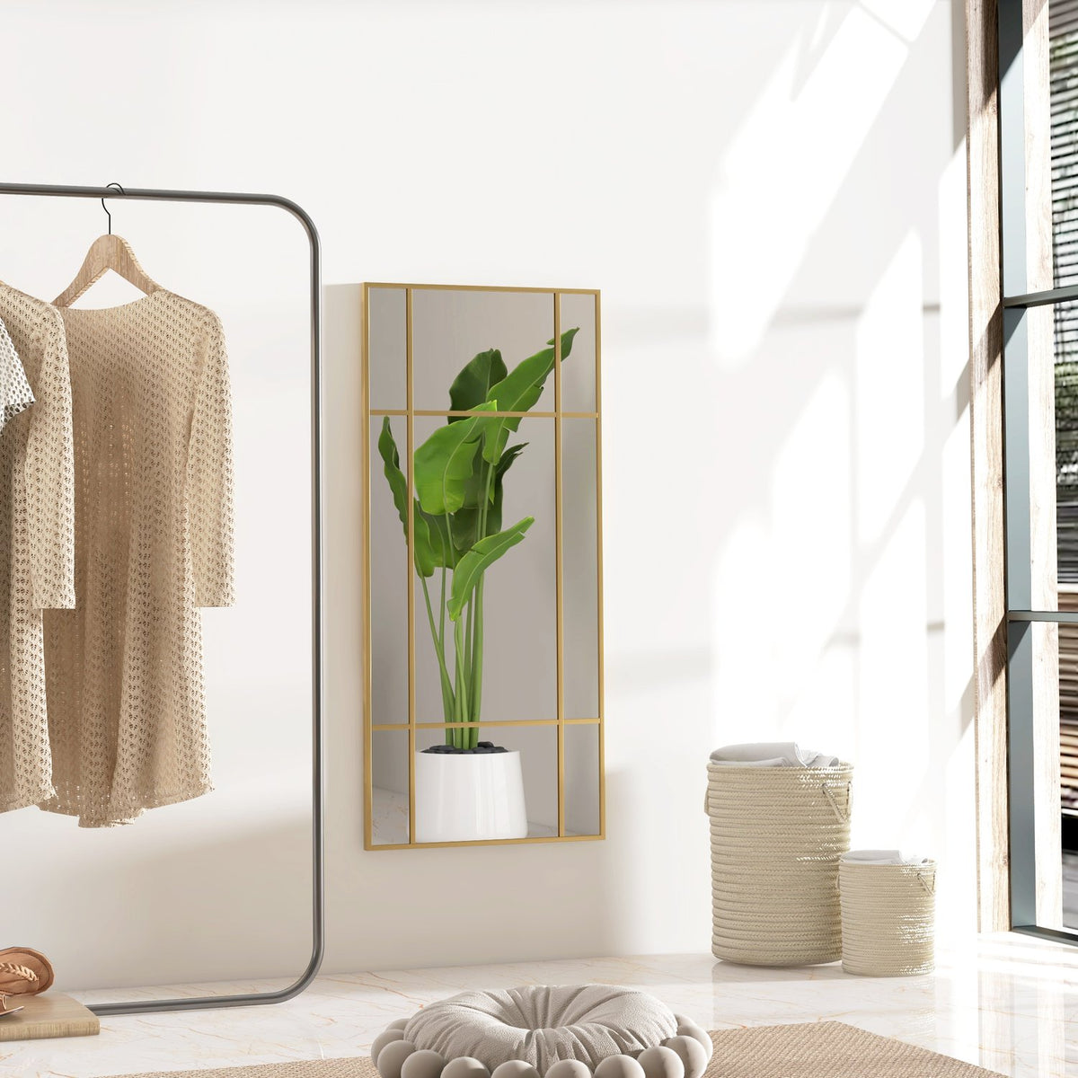 Gouden rechthoekige wandspiegel, 110 x 50 cm metalen frame