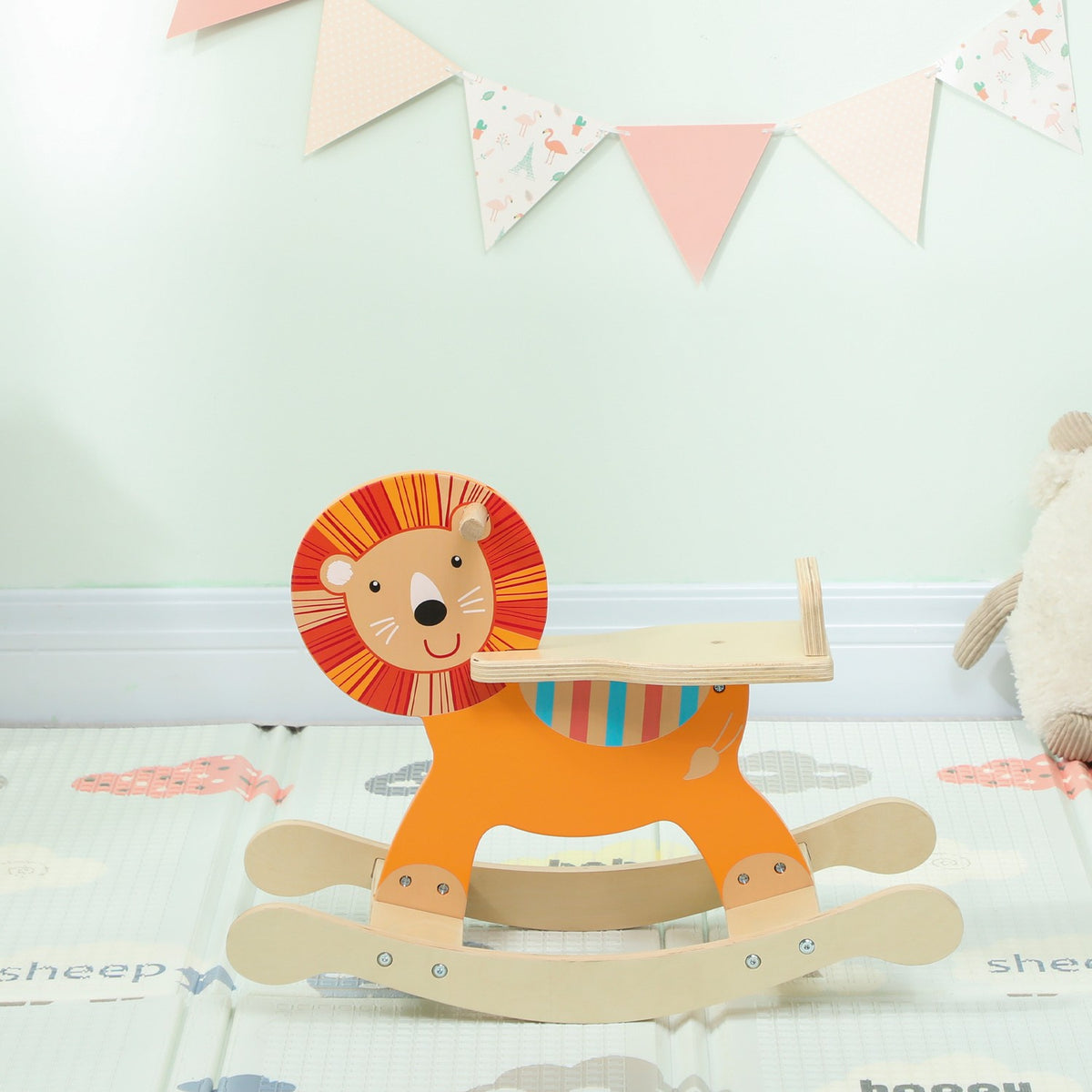 Hobbelpaard, leeuwendesign, hout, draagvermogen 25 kg, leeftijd 2-5 jaar