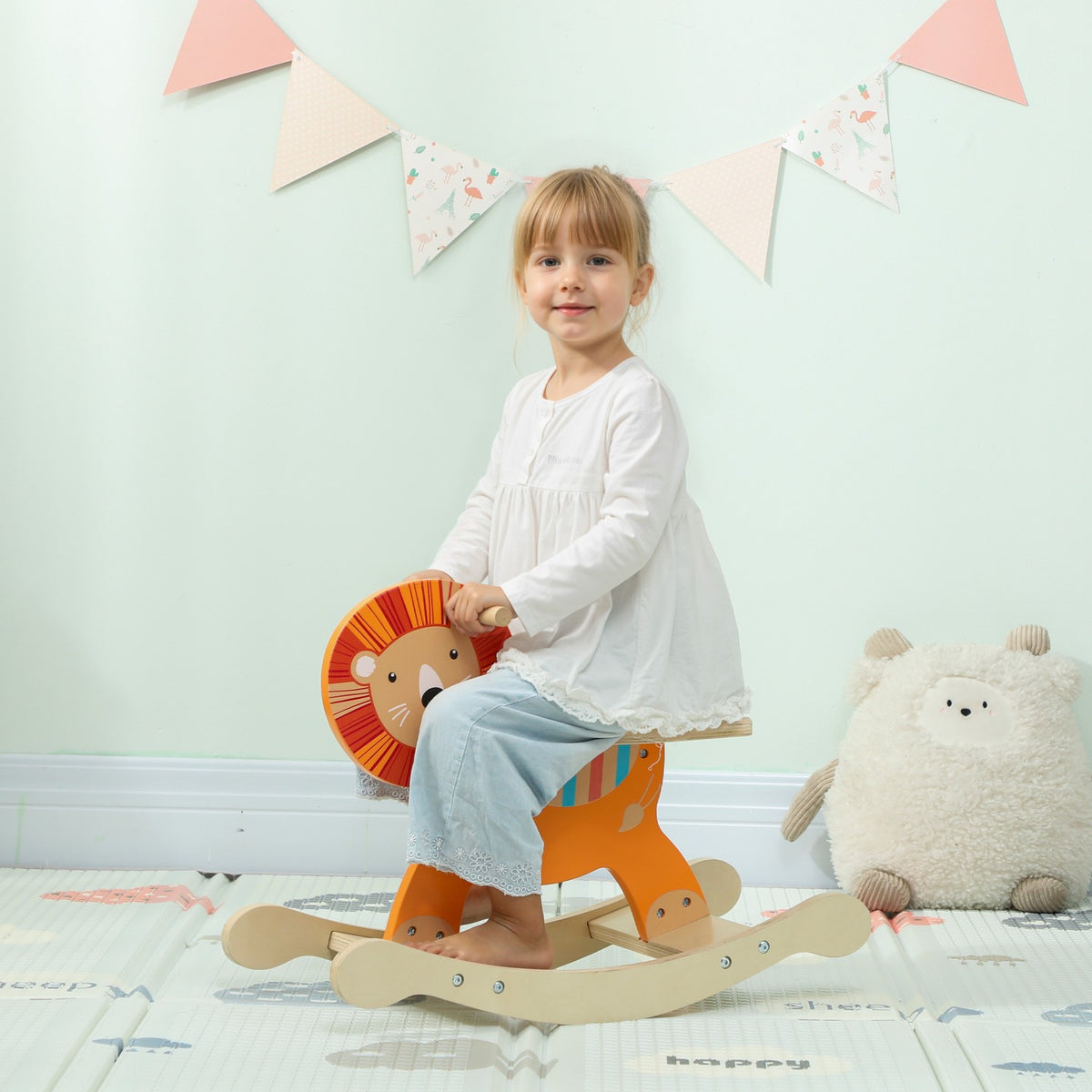 Hobbelpaard, leeuwendesign, hout, draagvermogen 25 kg, leeftijd 2-5 jaar