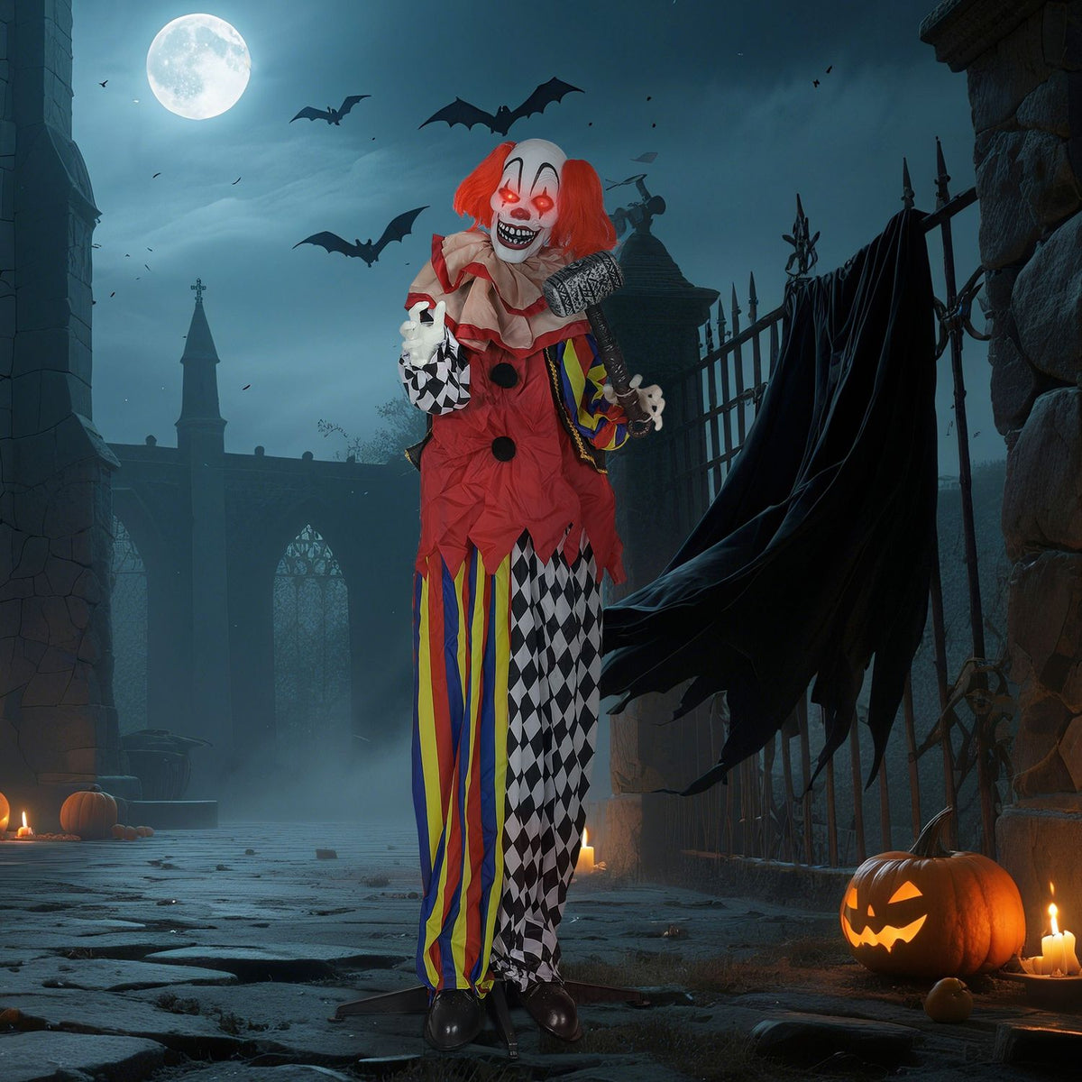 Halloween-animatronicclown, 173 cm, met lichtgevende ogen