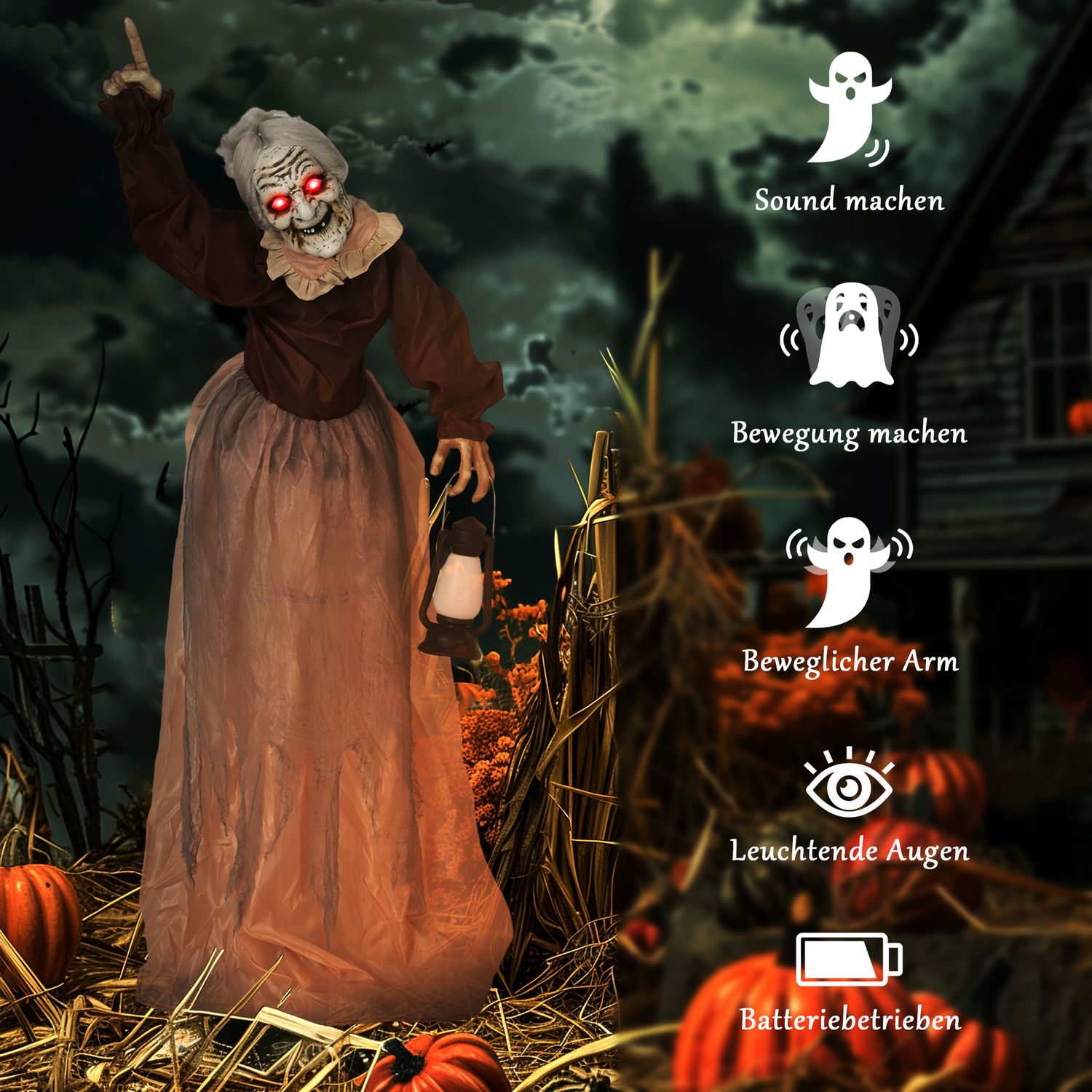 Halloween-häxdekoration, 150 cm, LED-ljus, ljud