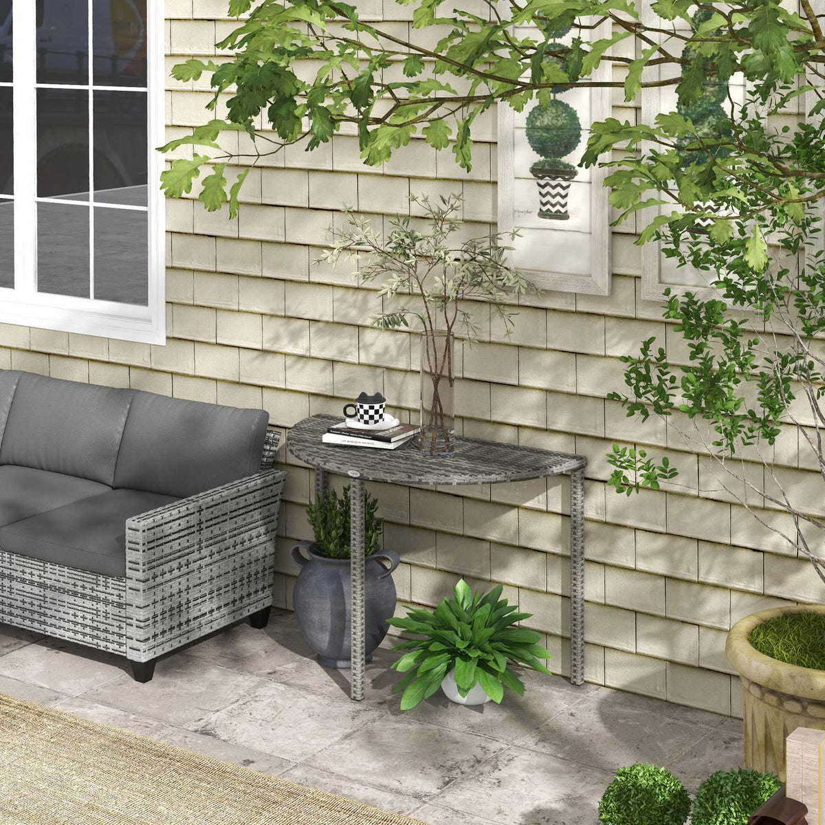 Halfronde grijze polyrattan tuinbalkontafel, 100x50x74 cm