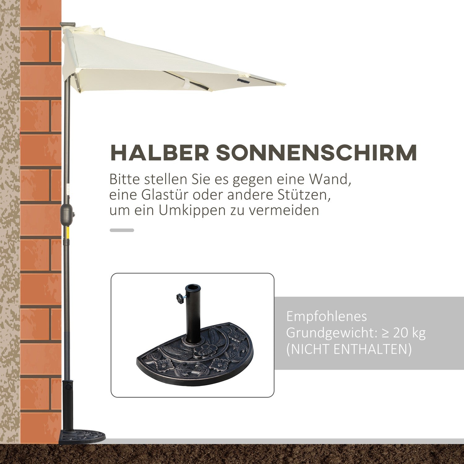 Halve parasol met LED-verlichting, handslinger, zonnepaneel, beige