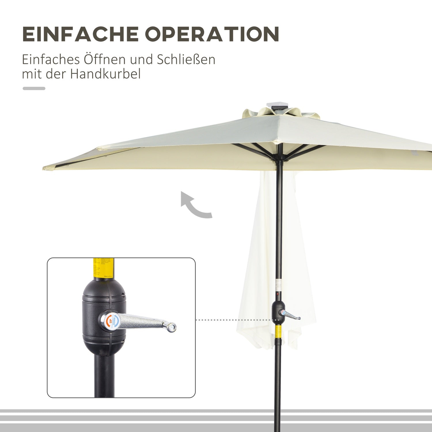 Halve parasol met LED-verlichting, handslinger, zonnepaneel, beige