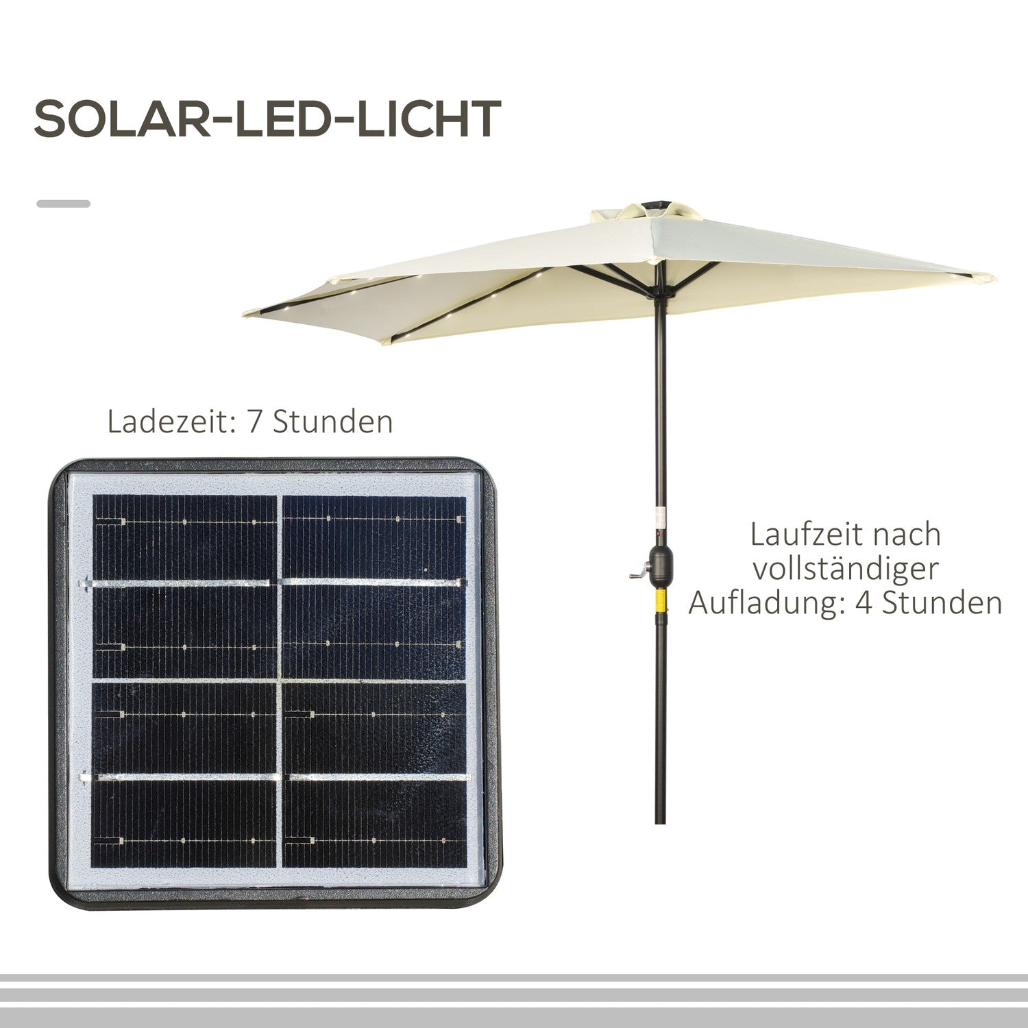 Halve parasol met LED-verlichting, handslinger, zonnepaneel, beige