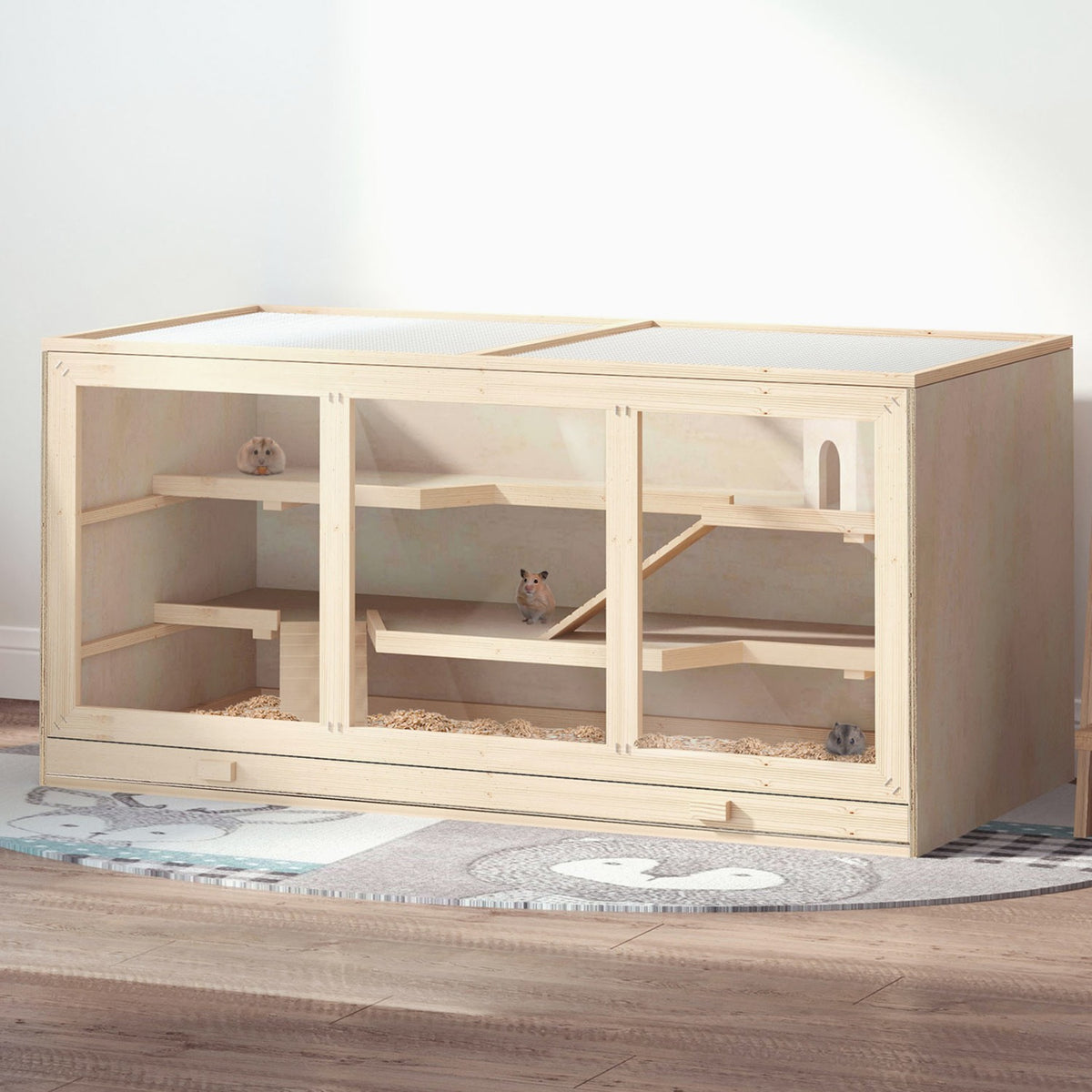 Hamsterkooi met trappen, naturel hout, 3 verdiepingen, 115x57x55cm