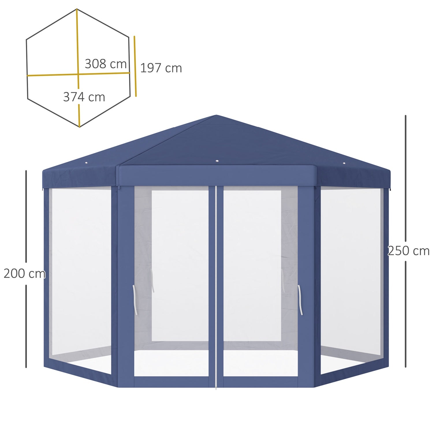 Zeshoekig tuinpaviljoen met klamboe – blauw, 195x250x250 cm