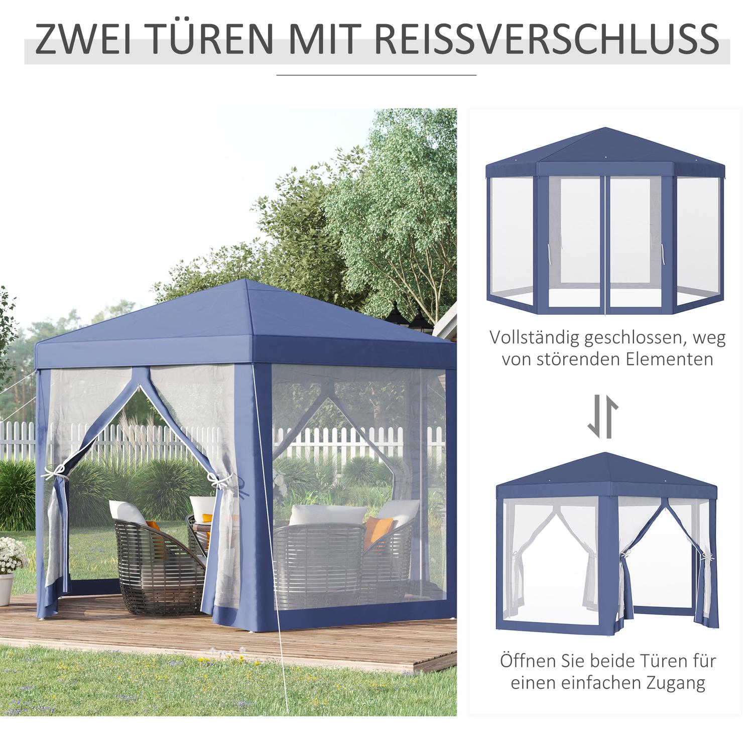 Zeshoekig tuinpaviljoen met klamboe – blauw, 195x250x250 cm