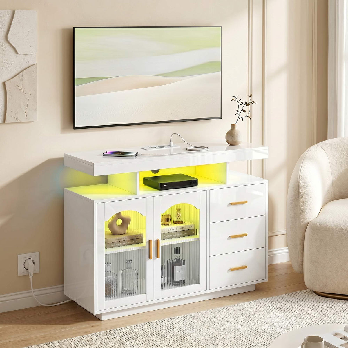 Hoogglans wit dressoir met ledverlichting, stopcontacten en 3 laden