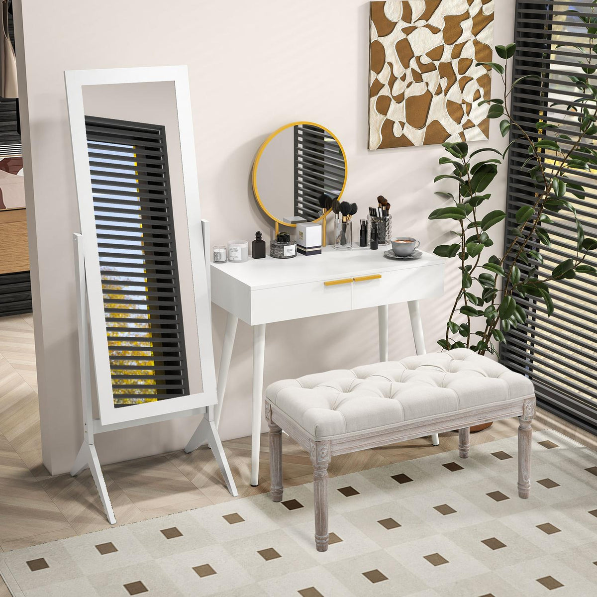 Hoge passpiegel met standaard, MDF, wit, 47x46x148cm