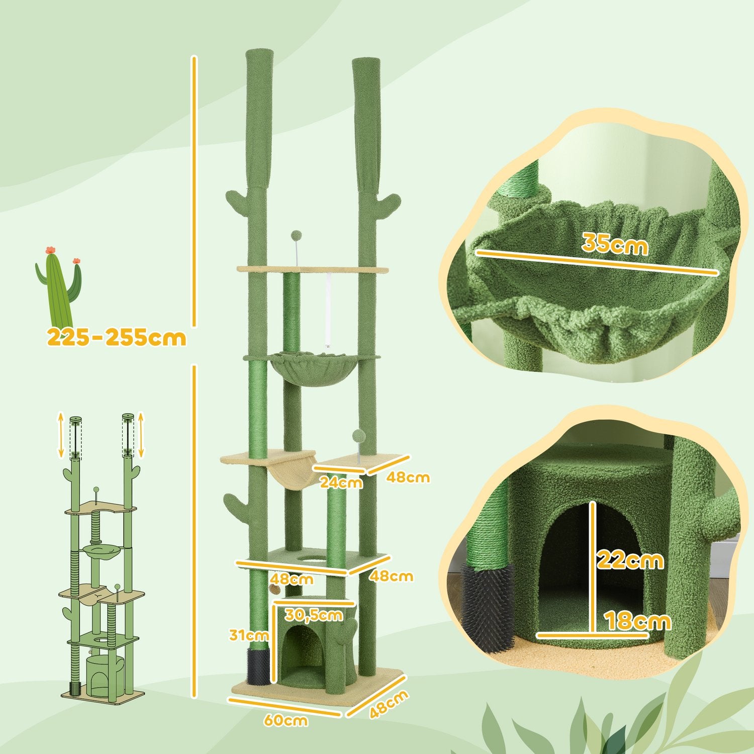 Hoge krabpaal van 225-255 cm met grot & mand - groen
