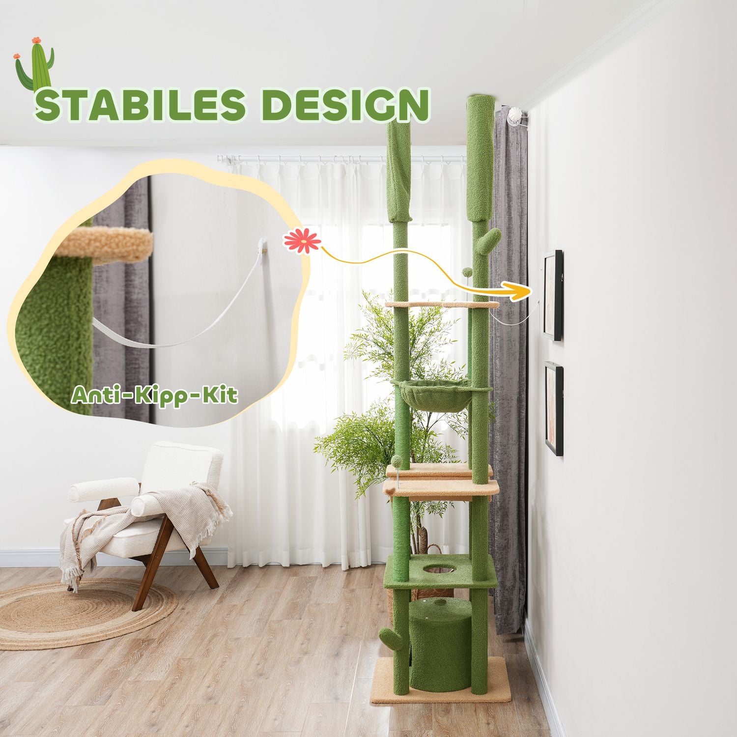 Hoge krabpaal van 225-255 cm met grot & mand - groen