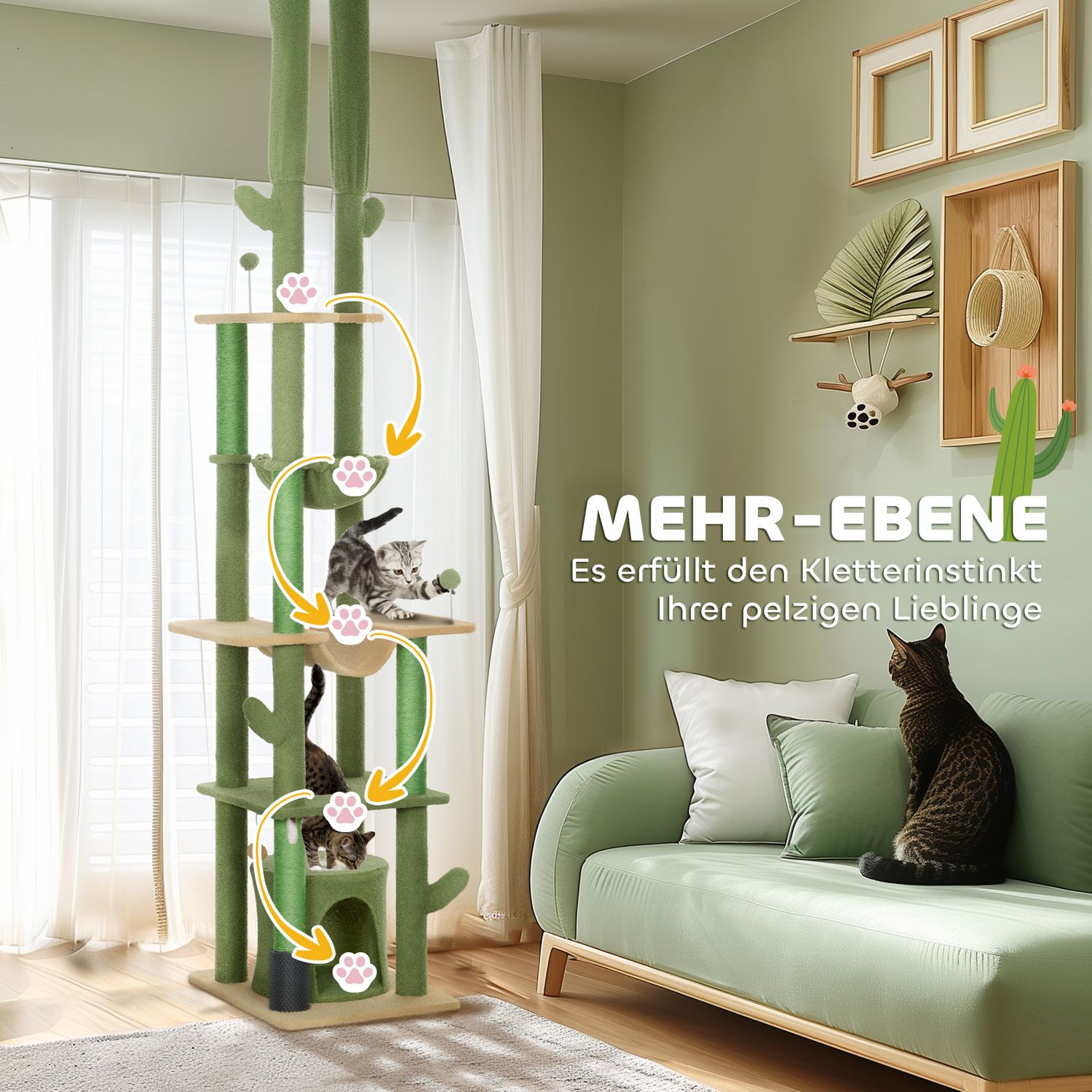 Hoge krabpaal van 225-255 cm met grot & mand - groen