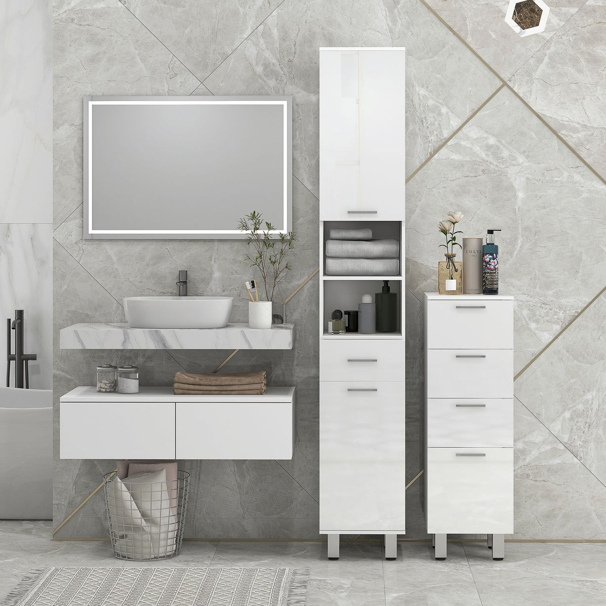 Hoge witte badkamerkast met verstelbare plank en lades