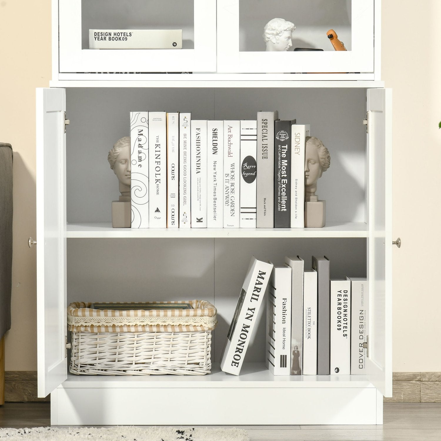 Libreria alta bianca, anta in vetro, 6 scomparti