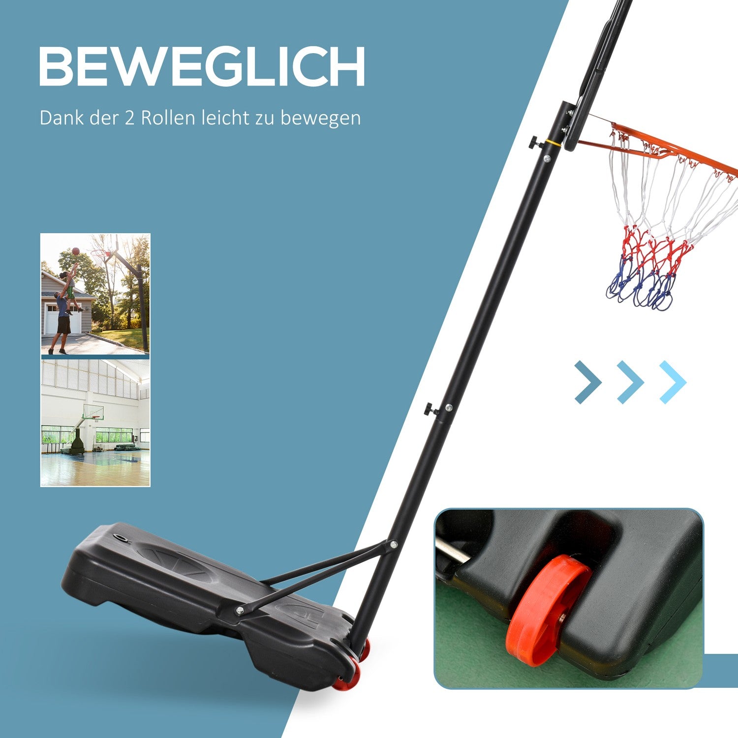In hoogte verstelbare basketbalring met wielen voor tieners