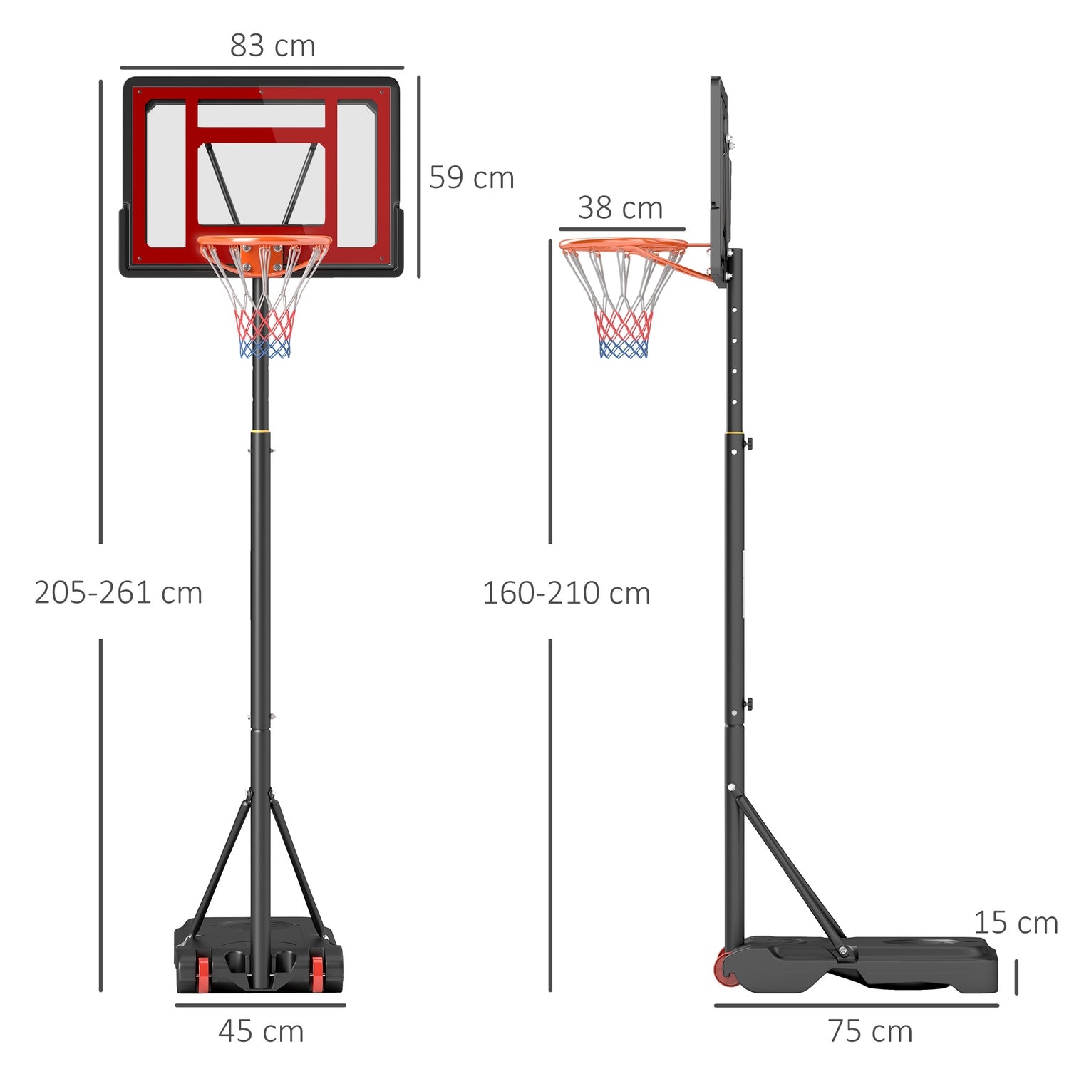 In hoogte verstelbare basketbalring met wielen voor tieners