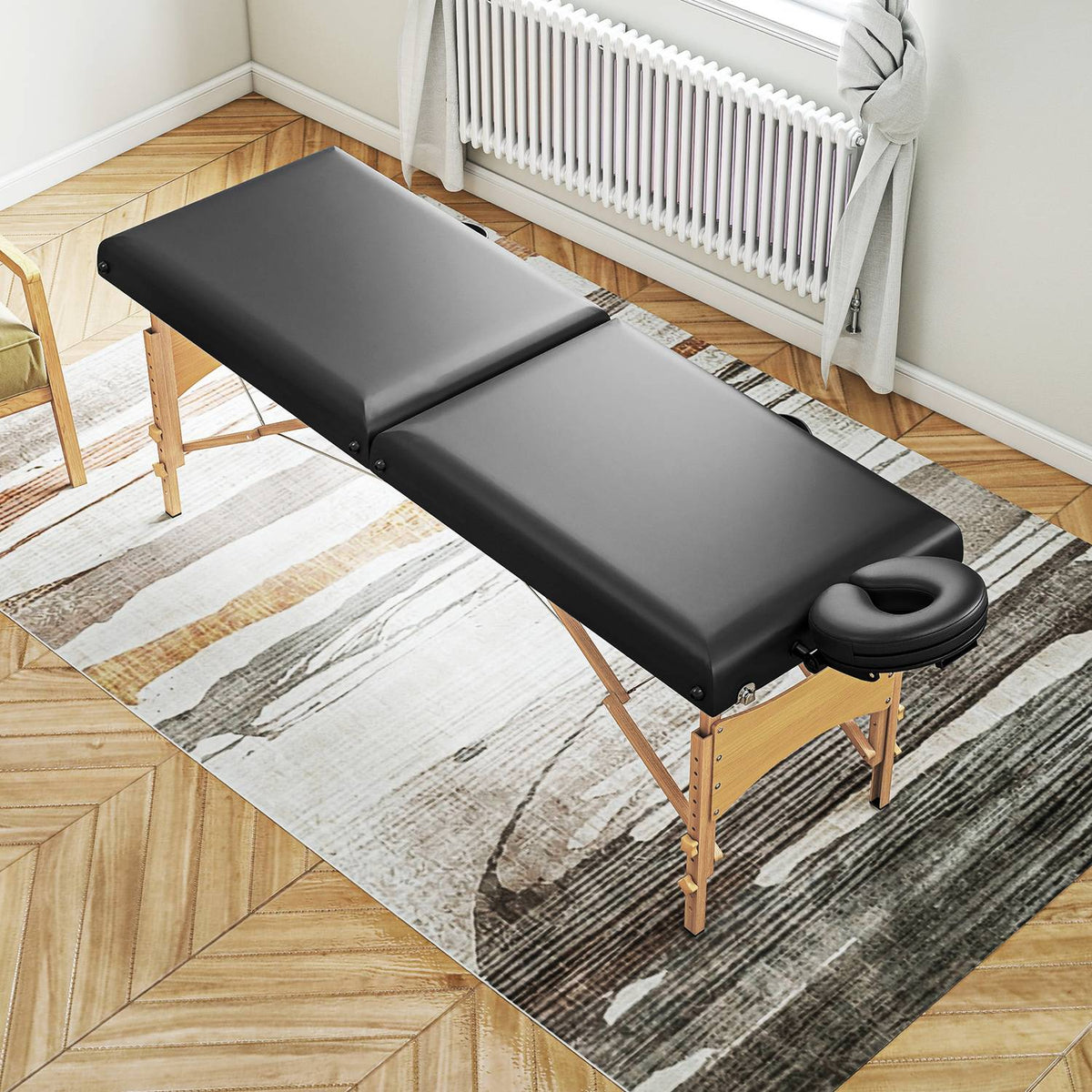 In hoogte verstelbare massagetafel, houten frame, inklapbare massagetafel, schuimvulling, zwart