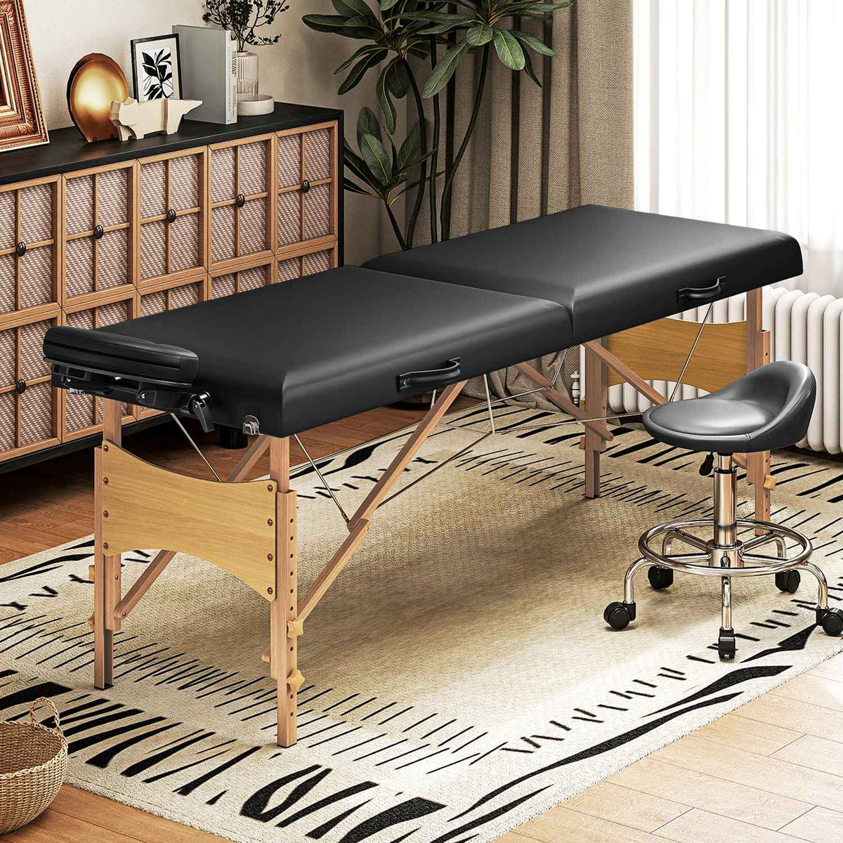 In hoogte verstelbare massagetafel, houten frame, inklapbare massagetafel, schuimvulling, zwart