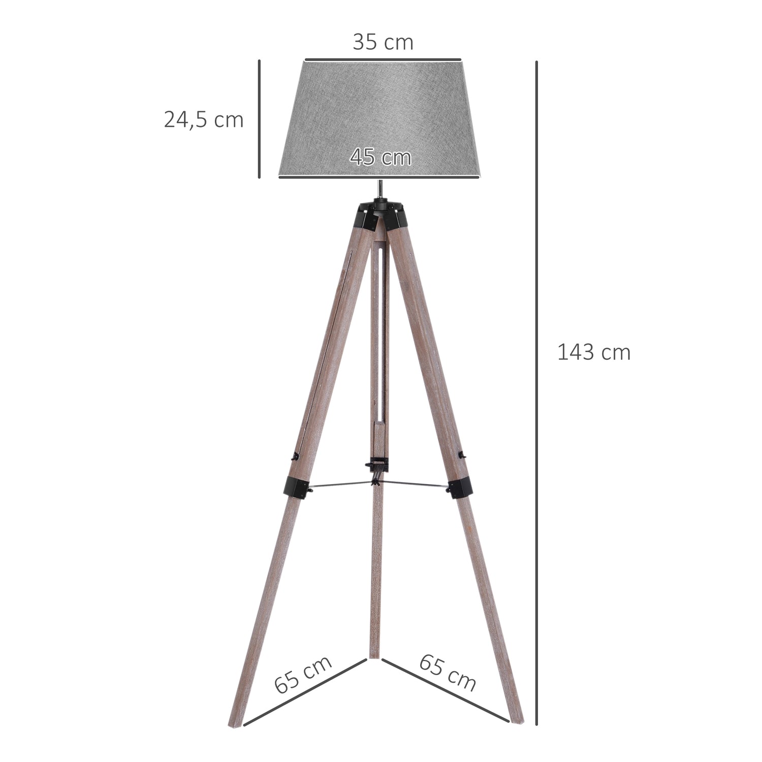 In hoogte verstelbare driepoots vloerlamp, hout & linnen, Scandinavisch design