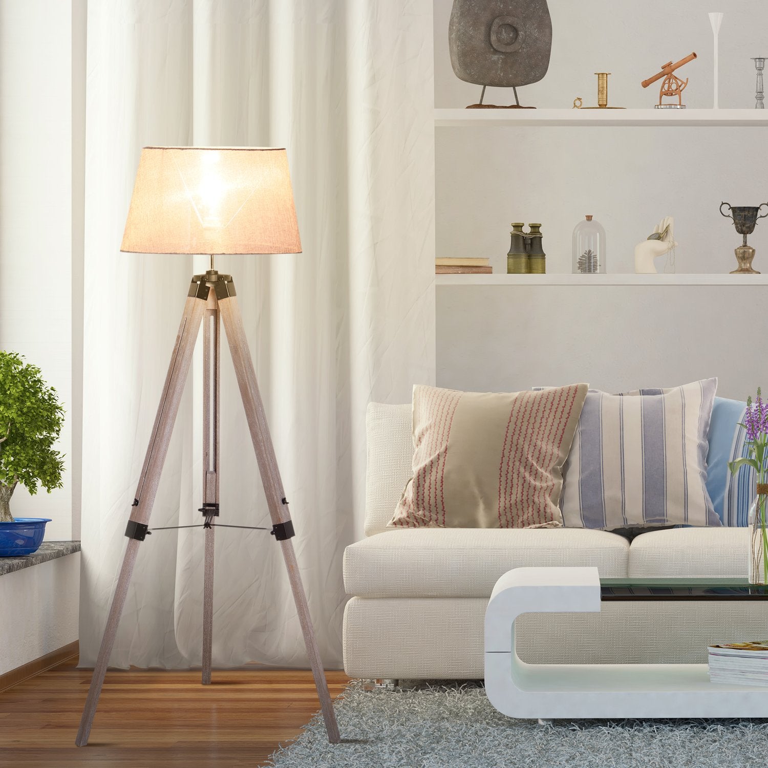 In hoogte verstelbare driepoots vloerlamp, hout & linnen, Scandinavisch design