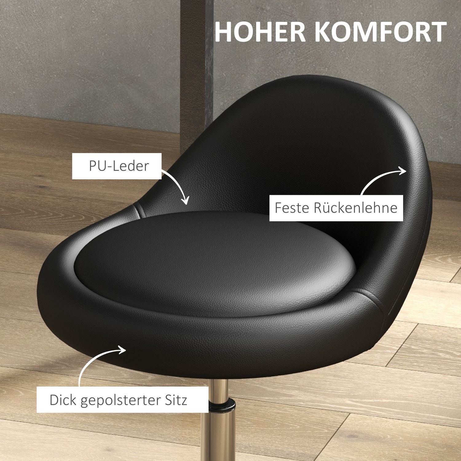 In hoogte verstelbare draaibare rolkruk, kunstleer, zwart